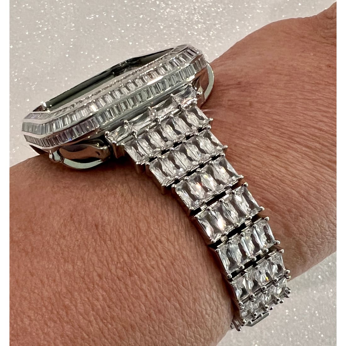 Apple Watch Band Women Designer Swarovski Crystal Baguette Silver 40mm 41mm 44mm 45mm & or Apple Watch Cover Lab Diamond Bezel Iwatch Candy