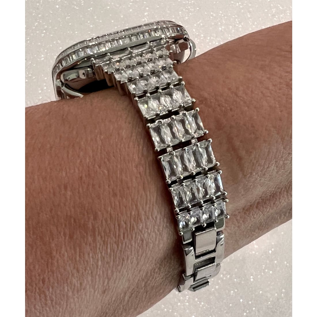 Apple Watch Band Women Designer Swarovski Crystal Baguette Silver 40mm 41mm 44mm 45mm & or Apple Watch Cover Lab Diamond Bezel Iwatch Candy