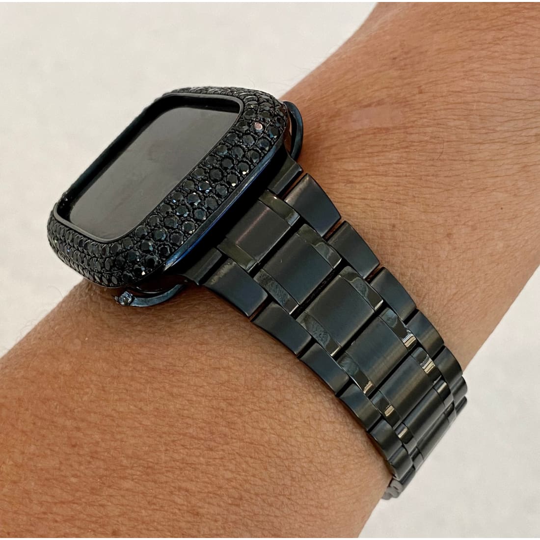 Black Apple Watch Band 38mm-49mm Stainless Steel Ultra Thin & or Lab Diamond Bezel Cover Smartwatch Bumper Bling Series 1-8 SE - 44mm apple