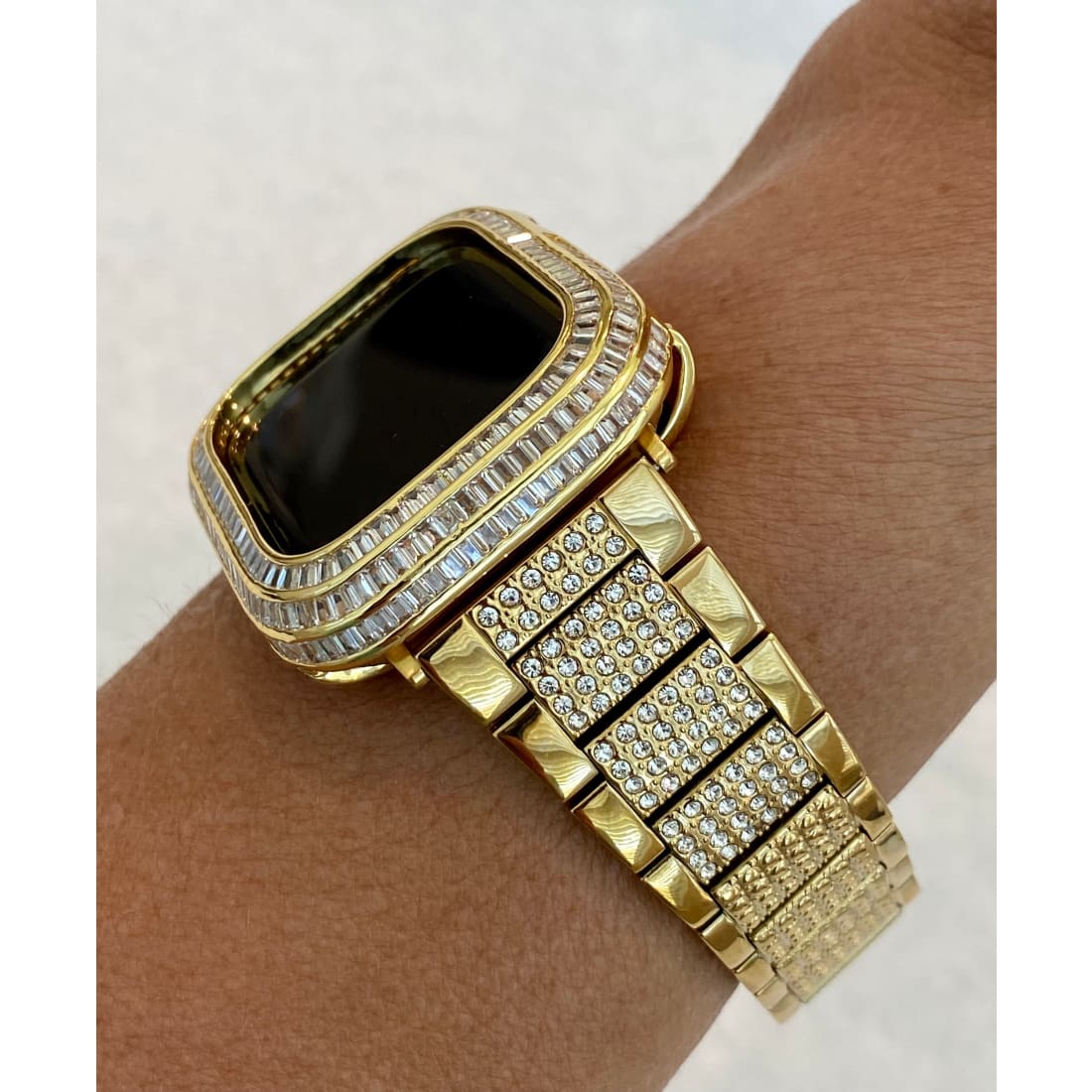 Bling Gold Apple Watch Band 41mm 44mm & or Lab Diamond Baguette Bezel Cover Handmade - 40mm apple watch, 44mm apple watch, apple watch,