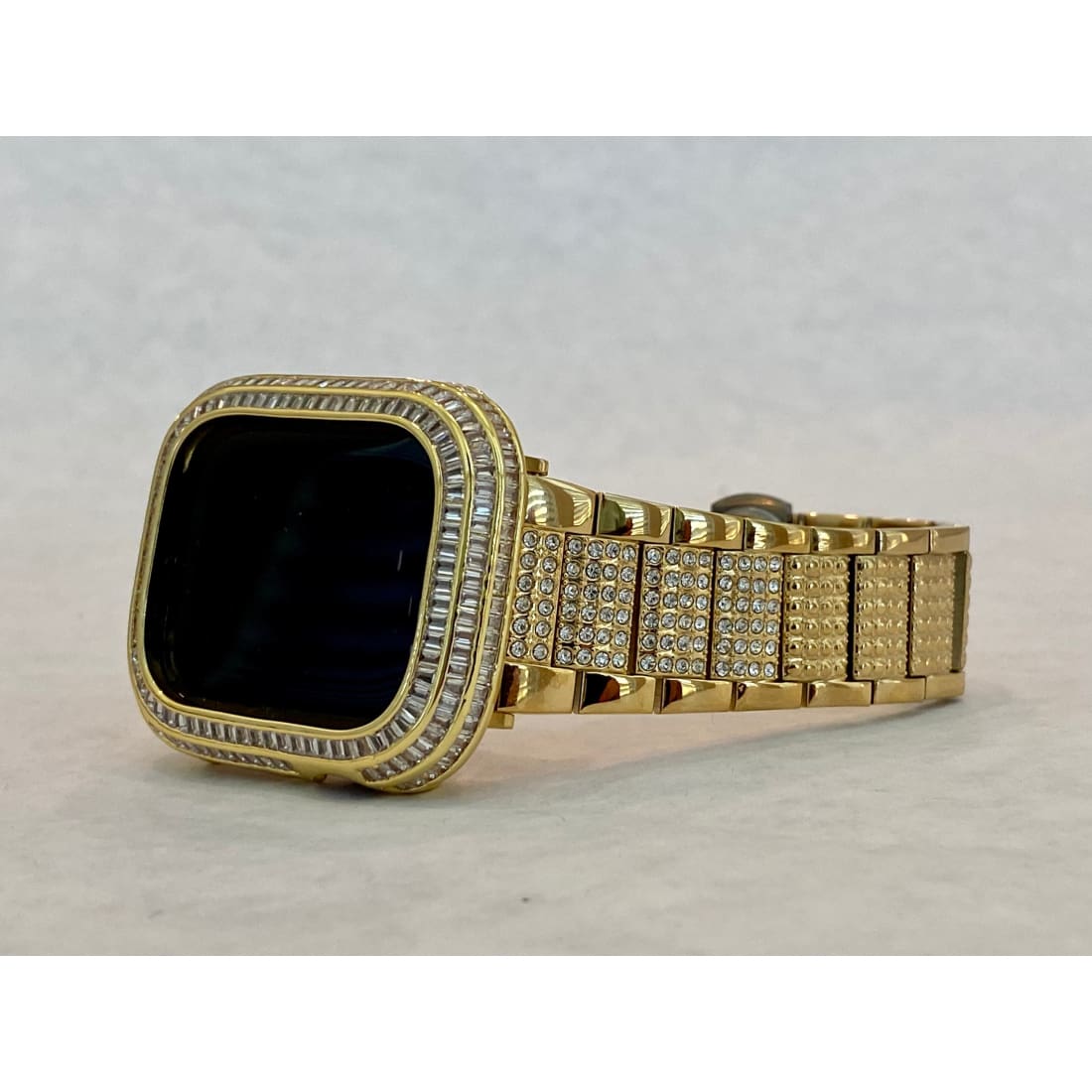 Bling Gold Apple Watch Band 41mm 44mm & or Lab Diamond Baguette Bezel Cover Handmade - 40mm apple watch, 44mm apple watch, apple watch,