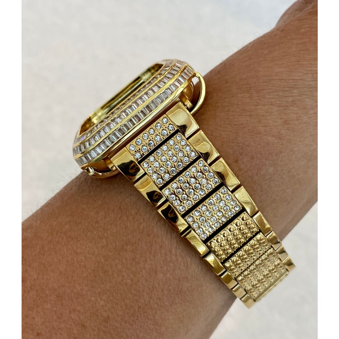 Bling Gold Apple Watch Band 41mm 44mm & or Lab Diamond Baguette Bezel Cover Handmade - 40mm apple watch, 44mm apple watch, apple watch,