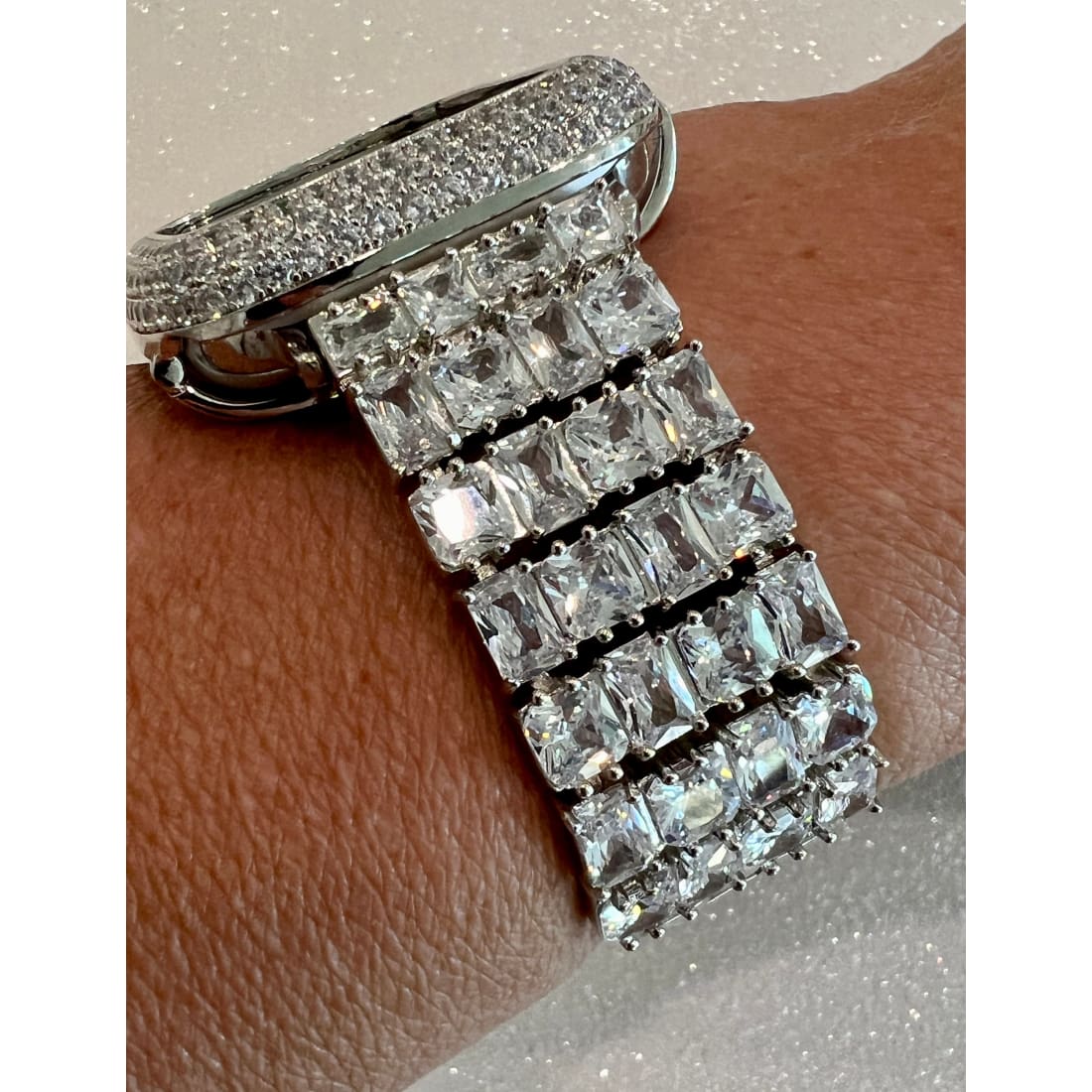 Custom Apple Watch Band Woman Baguette & Radiant Cut Swarovski Crystals Silver and or Apple Watch Cover Lab Diamond Bezel 38mm-49mm - 45mm