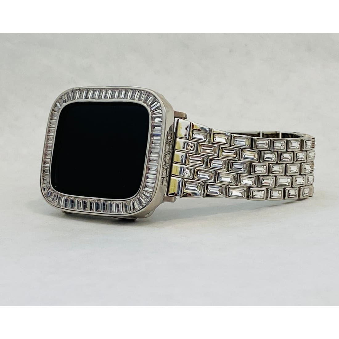 Custom Silver Apple Watch Band Swarovski Crystal Baguettes 38 40 41 42 44 45mm & or Baguette Lab Diamond Bezel Cover Series 2-8 SE - 40mm