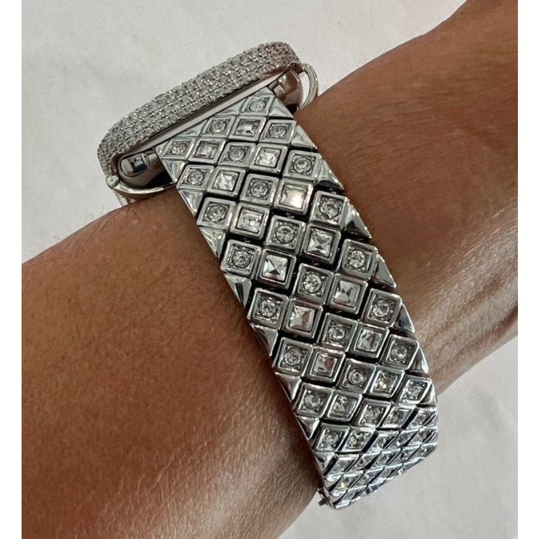 Designer Apple Watch Band Silver Swarovski Crystals 38 40 41 42 44 45 49mm Ultra & or Pave Lab Diamond Bezel Cover Smartwatch Bumper - 44mm