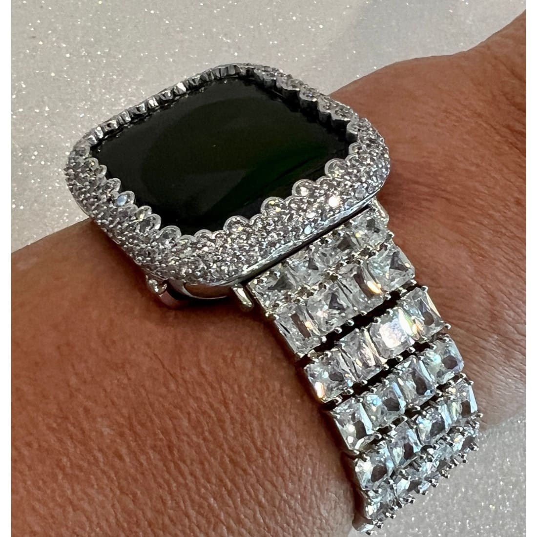 Designer Apple Watch Band Woman Baguette Radiant Cut Swarovski Crystal Silver 49mm Ultra & or Apple Watch Cover Lab Diamond Bezel 41 45mm -