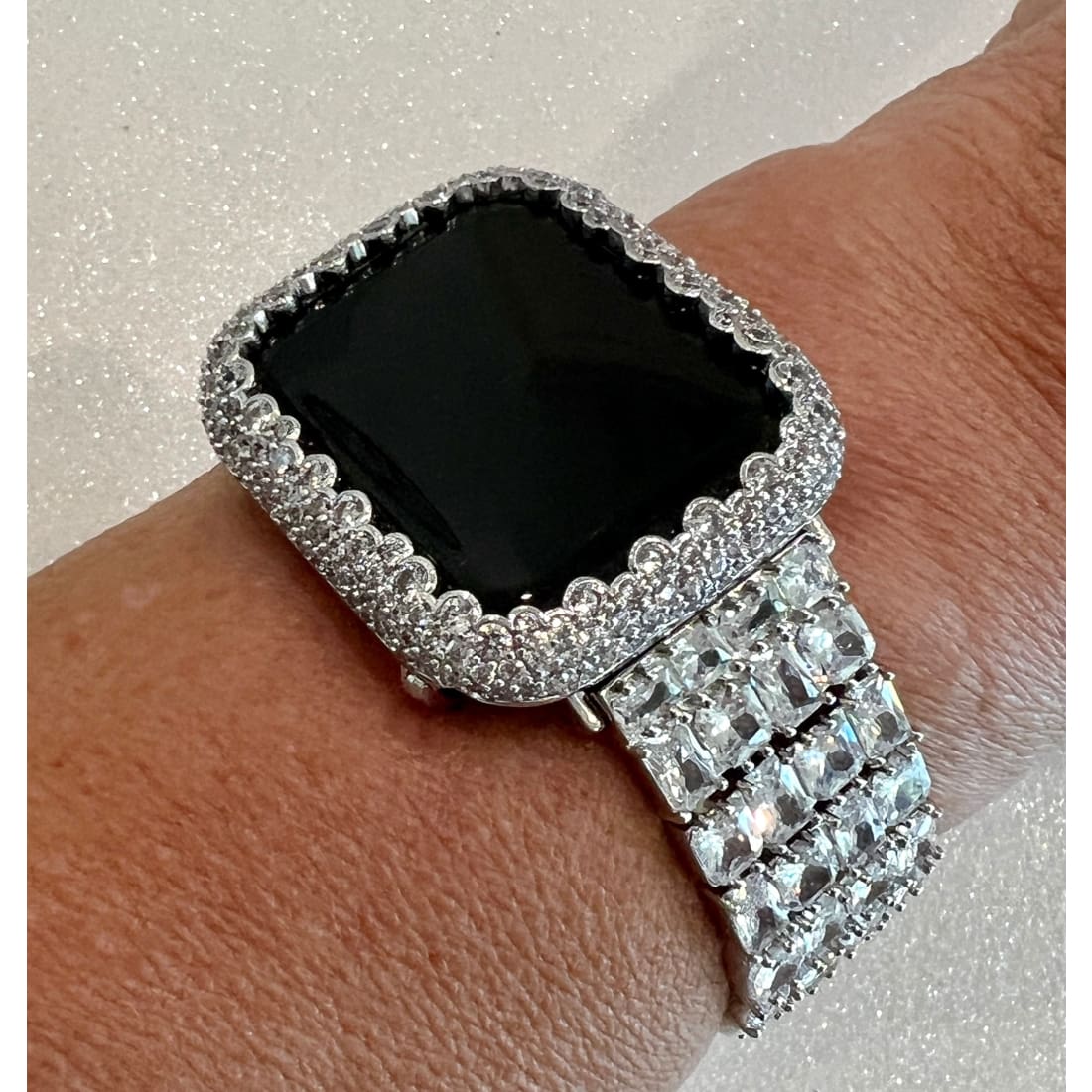 Designer Apple Watch Band Woman Baguette Radiant Cut Swarovski Crystal Silver 49mm Ultra & or Apple Watch Cover Lab Diamond Bezel 41 45mm -