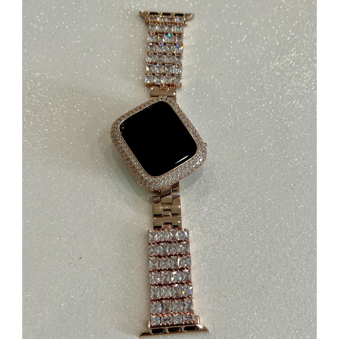 Designer Apple Watch Band Woman Baguette & Radiant Cut Swarovski Crystals Yellow Gold and or Apple Watch Cover Lab Diamond Bezel 38mm-49mm -