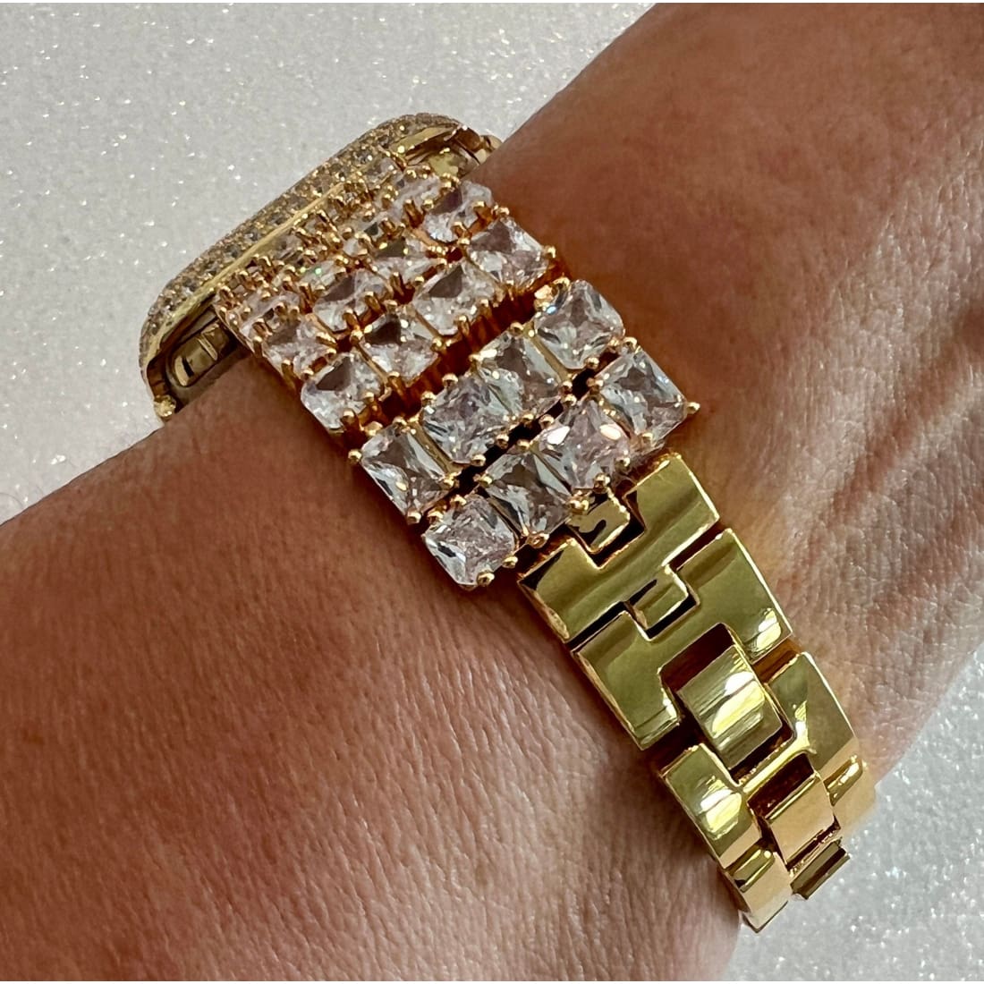 Designer Apple Watch Band Woman Baguette & Radiant Cut Swarovski Crystals Yellow Gold and or Apple Watch Cover Lab Diamond Bezel 38mm-49mm -