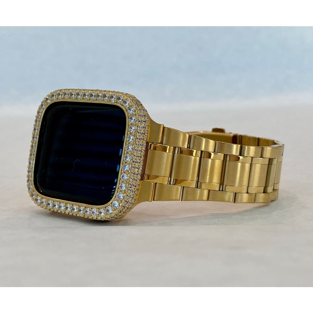 Gold Apple Watch Band 49mm Ultra Stainless Steel Ultra Thin & or Apple Watch Cover Lab Diamond Bezel Case Bling 38mm-45mm Series8 - apple