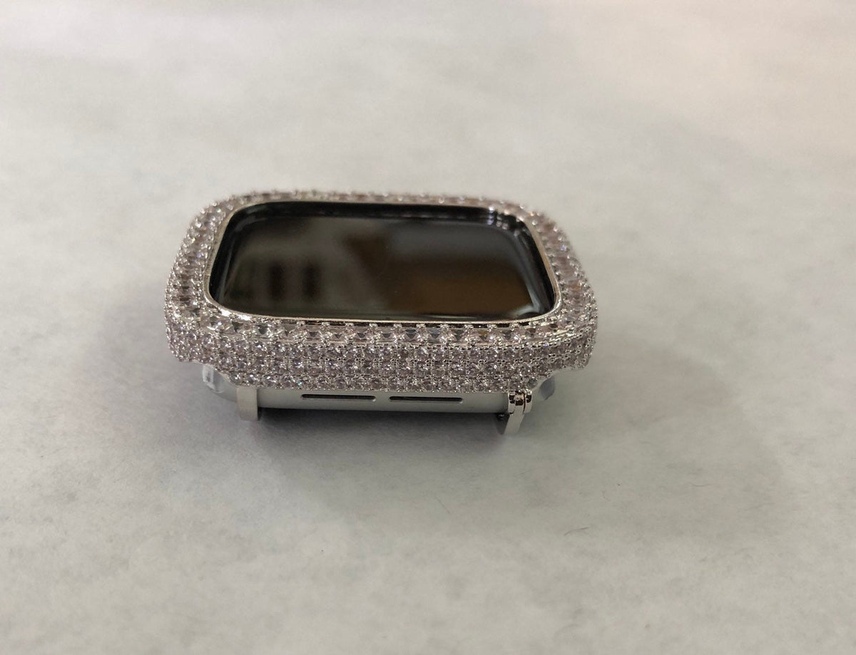 Apple Watch Cover Silver Metal Bezel 2.5mm Lab Diamonds, Apple Watch Case Protective Smartwatch Bumper Bling 40mm Series 4.5,6 SE