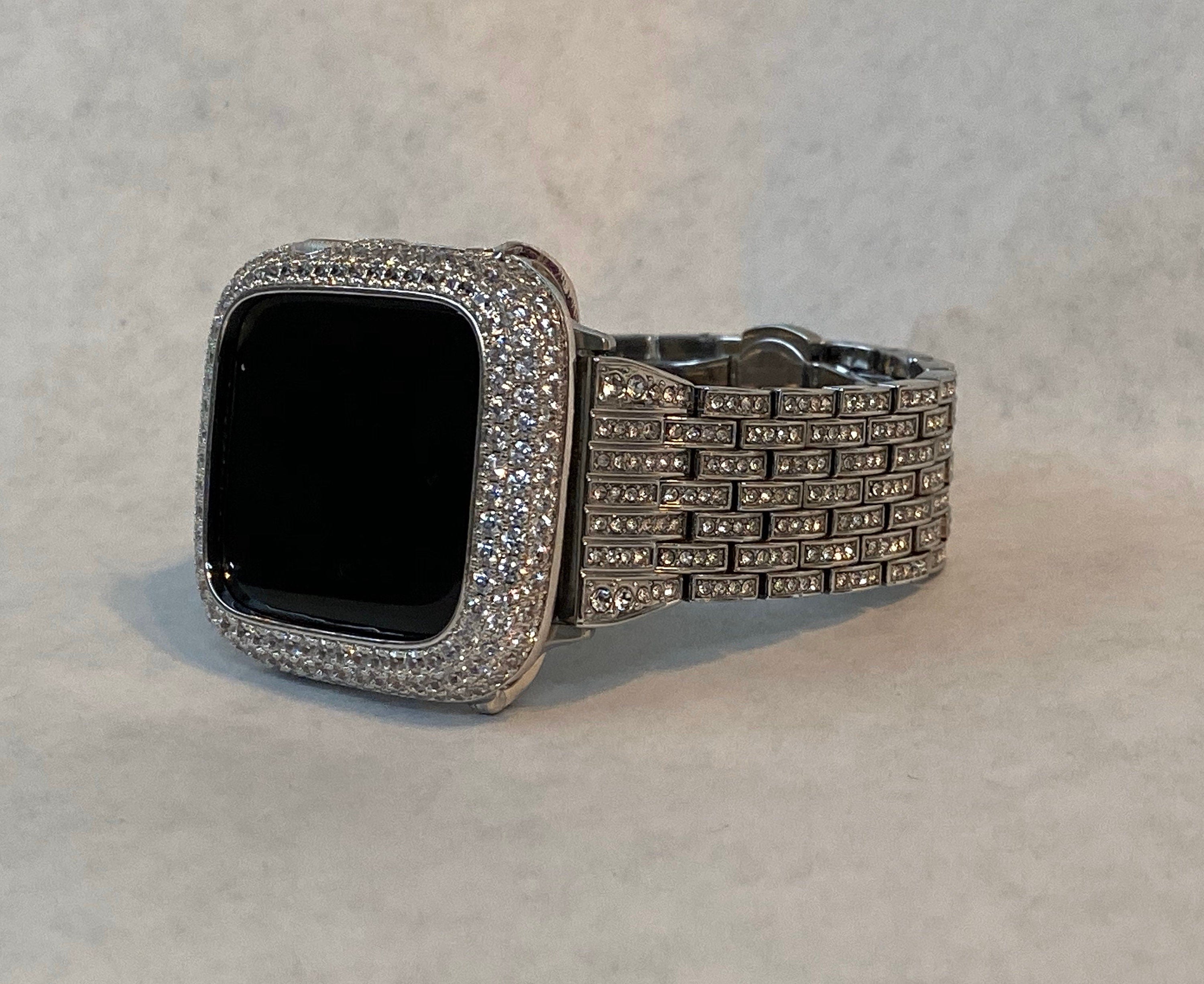 Apple Watch Band 41mm 45mm 49mm Ultra Silver Swarovski Crystals & or Apple Watch Cover Lab Diamond Bezel Bling 38mm-49mm Series 10-11