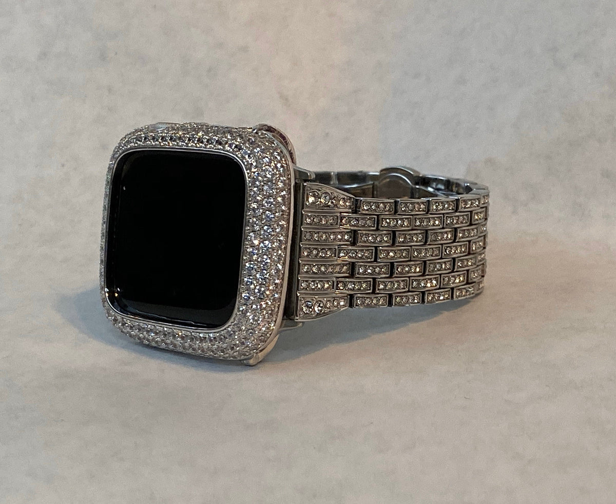 Apple Watch Band 41mm 45mm 49mm Ultra Silver Swarovski Crystals & or Apple Watch Cover Lab Diamond Bezel Bling 38mm-49mm Series 10-11