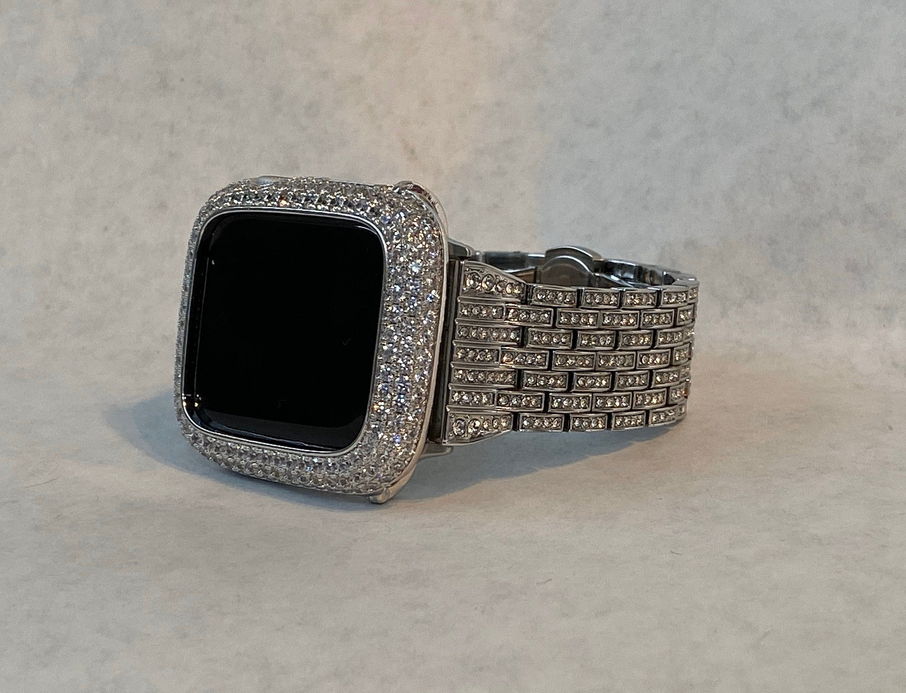 Apple Watch Band 41mm 45mm 49mm Ultra Silver Swarovski Crystals & or Apple Watch Cover Lab Diamond Bezel Bling 38mm-49mm Series 10-11