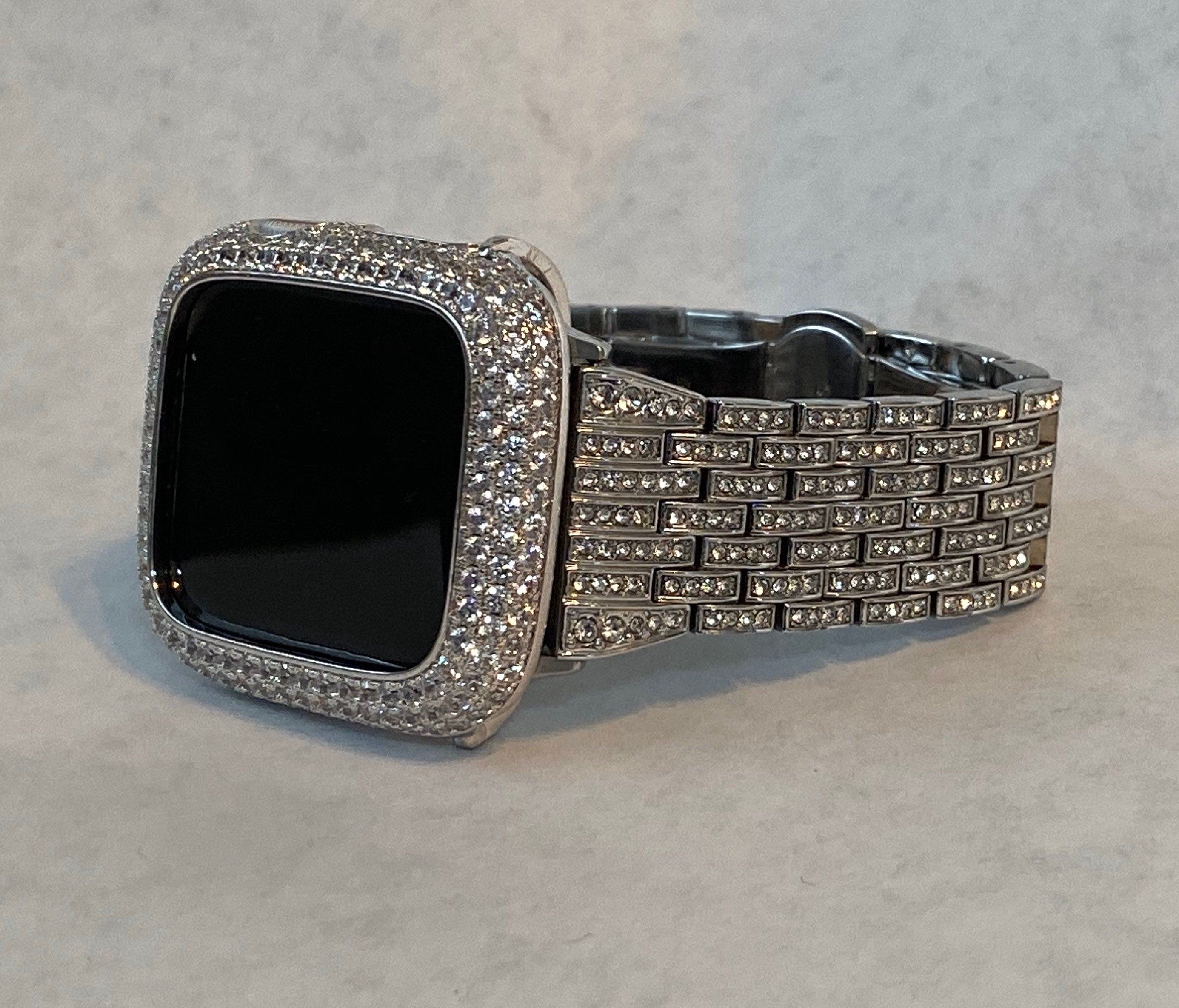 Series 10 Apple Watch Band Silver Stainless Steel Swarovski Crystals & or Apple Watch Case Lab Diamond Bezel Bling Iphone Watch Cover Bling