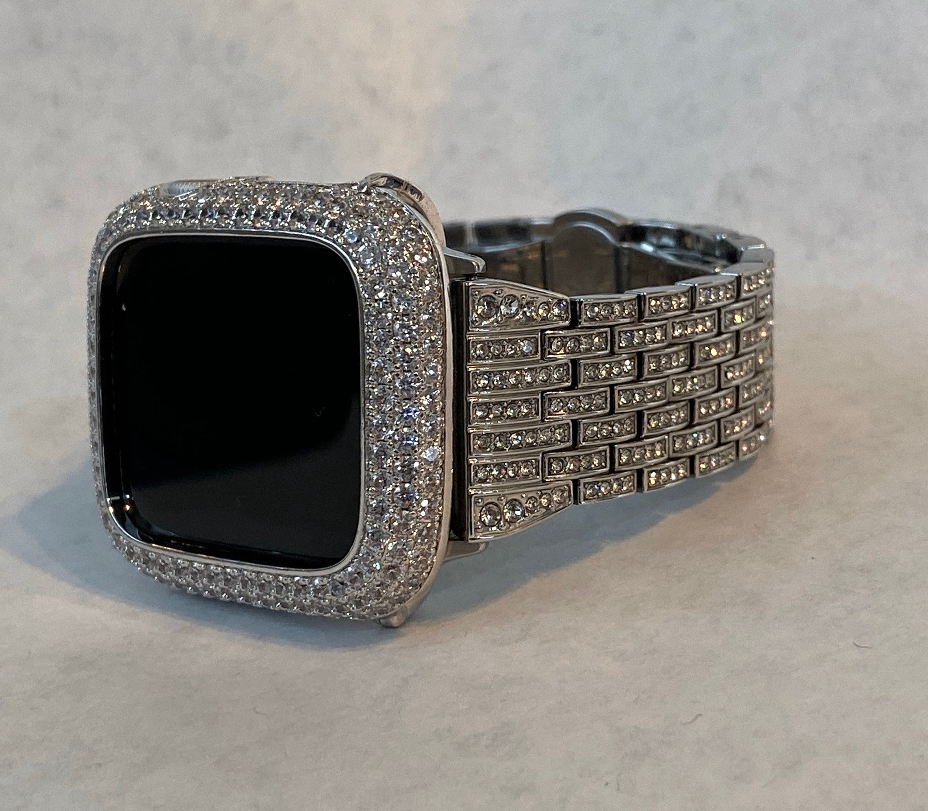 Series 10-11 Apple Watch Band Silver Stainless Steel Swarovski Crystals & or Apple Watch Case Lab Diamond Bezel Bling Iphone Watch Cover