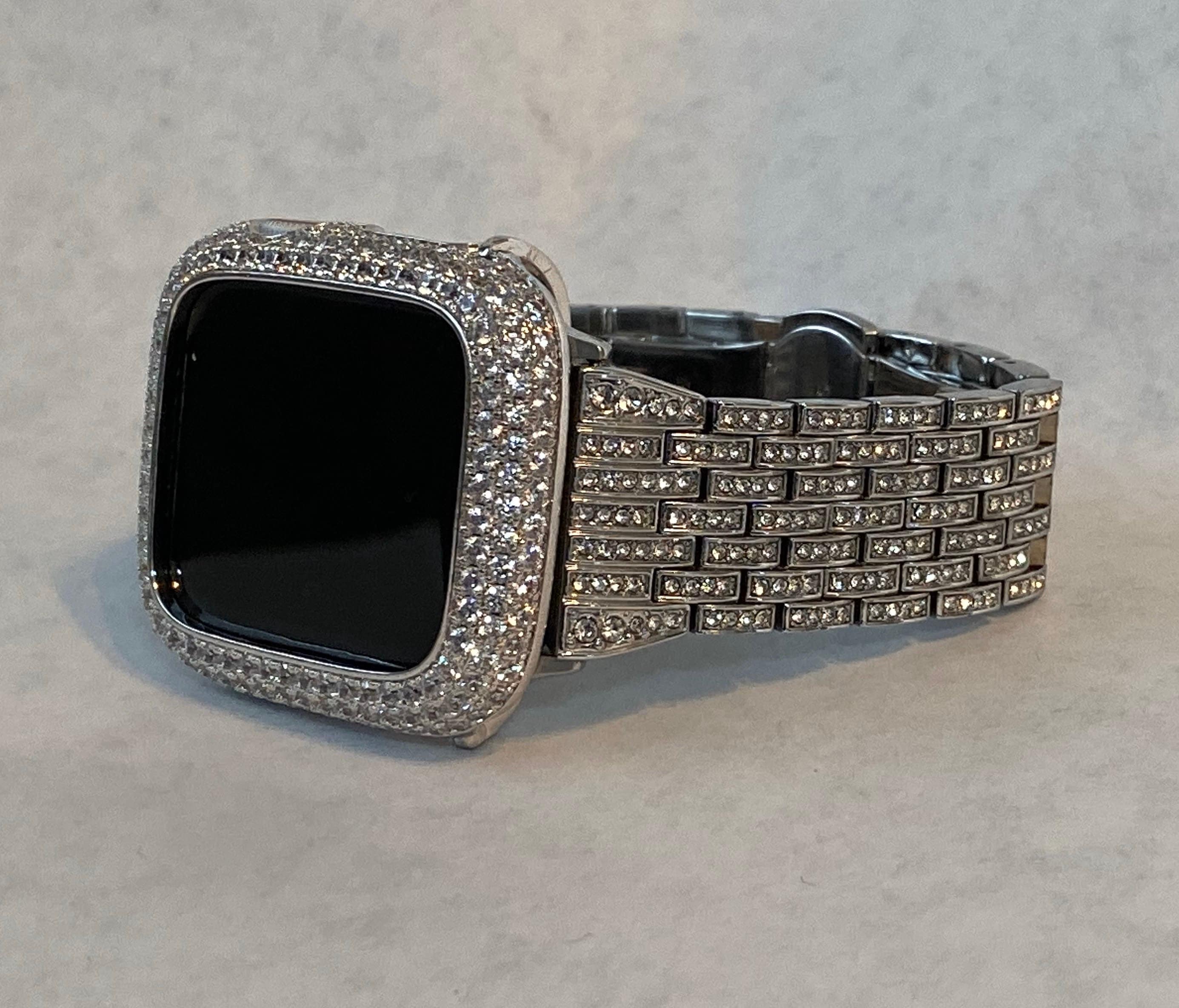 Apple Watch Band 41mm 45mm 49mm Ultra Silver Swarovski Crystals & or Apple Watch Cover Lab Diamond Bezel Bling 38mm-49mm Series 10-11
