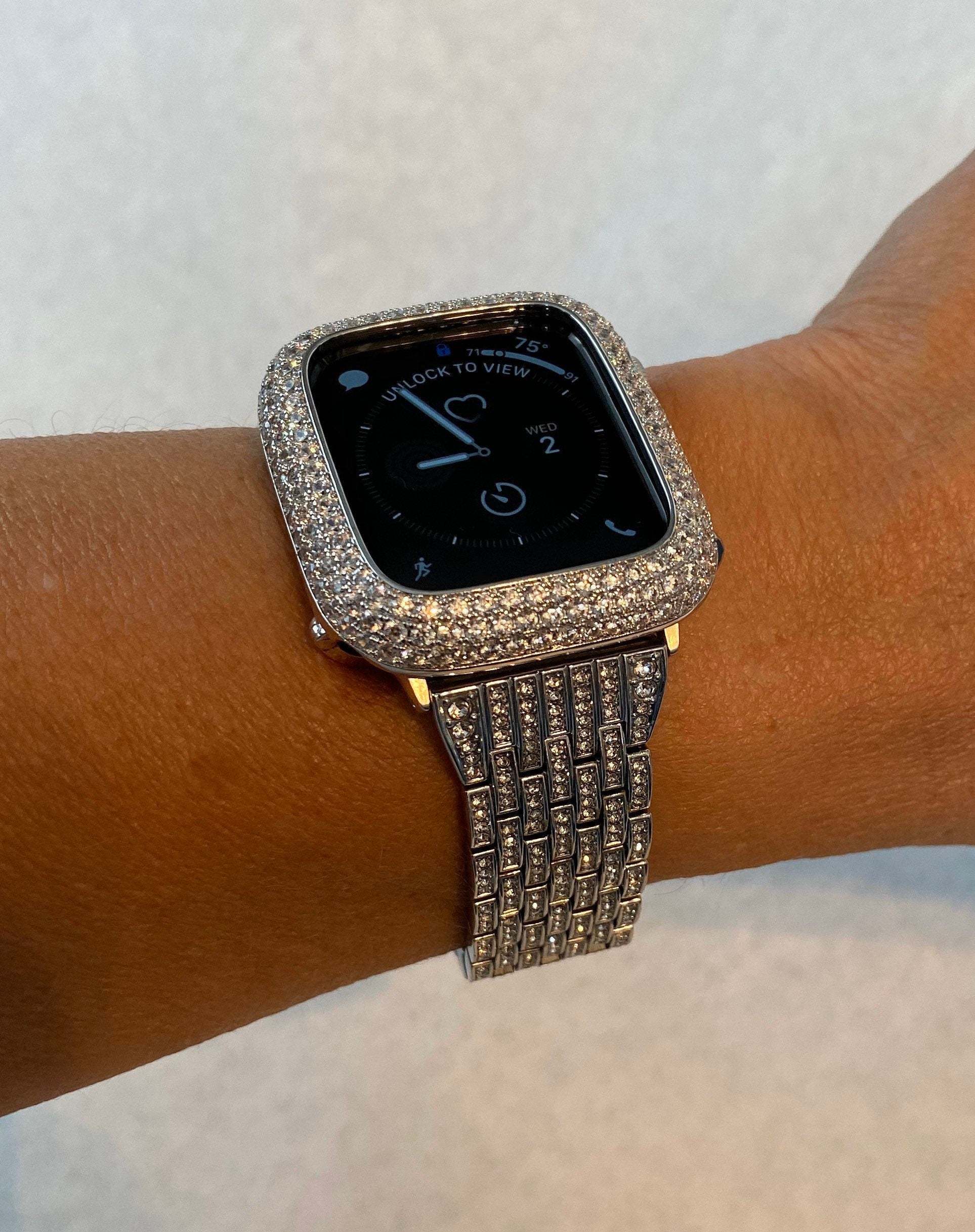 Series 10-11 Apple Watch Band Silver Stainless Steel Swarovski Crystals & or Apple Watch Case Lab Diamond Bezel Bling Iphone Watch Cover