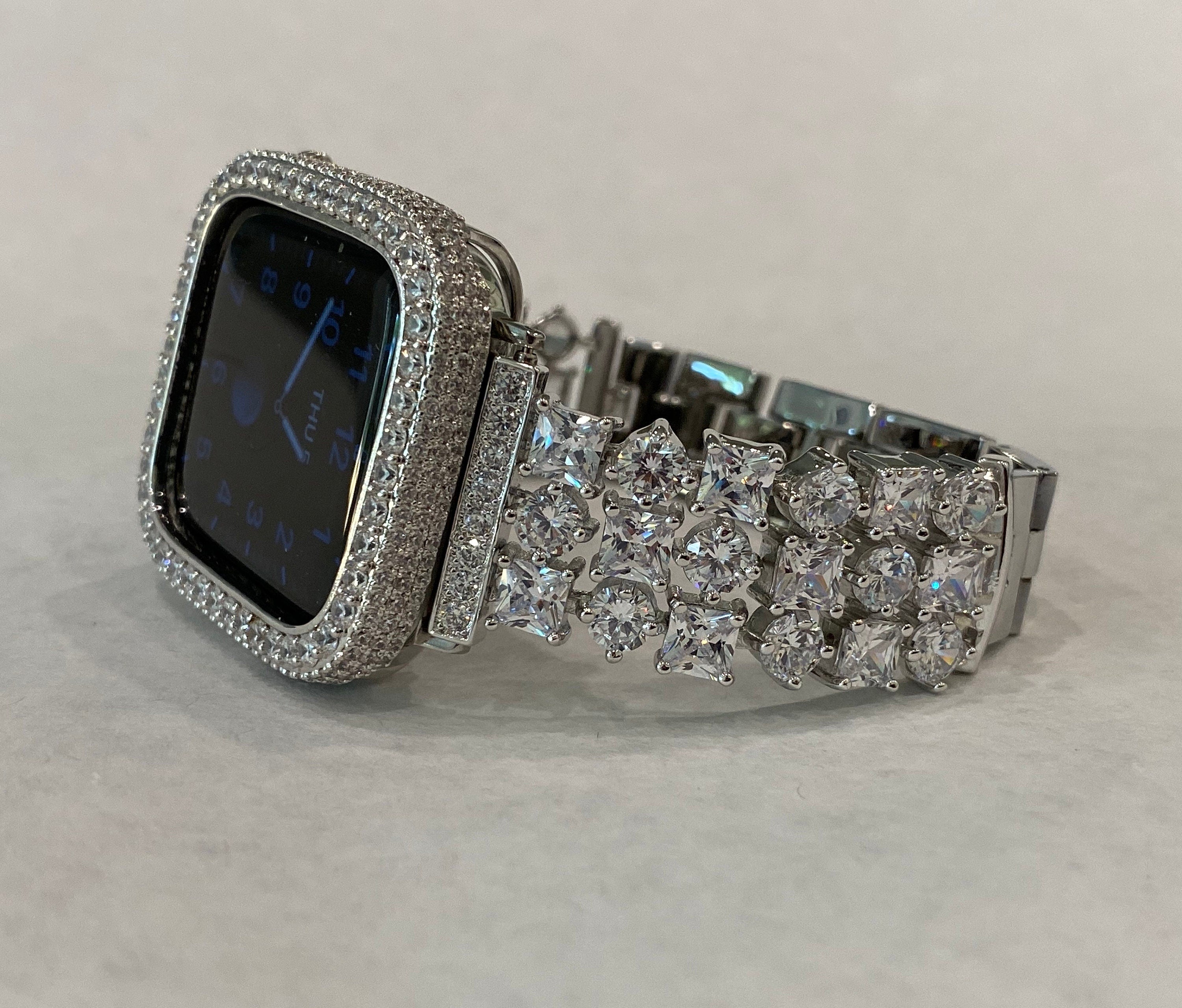 Apple Watch Band 49mm Ultra Silver Swarovski Crystals & or Apple Watch Cover Lab Diamond Bezel Case 38mm-46mm Iwatch Candy Series 10
