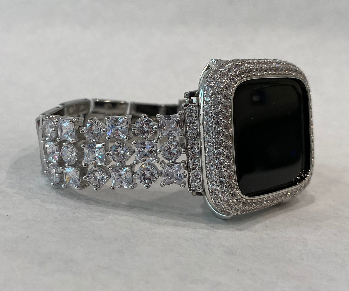 Series 11 Apple Watch Band Woman Silver Swarovski Crystals & or Apple Watch Cover Lab Diamond Bezel 38mm 40mm 41mm 42mm 44mm 46mm 45mm 49mm