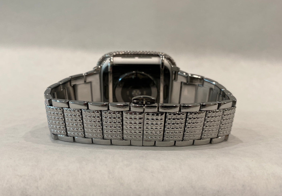 Series 10-11 Apple Watch Band Silver Stainless Steel High End Crystals & or Apple Watch Cover 2.5mm Lab Diamond Bezel Iwatch Case 38mm-49mm