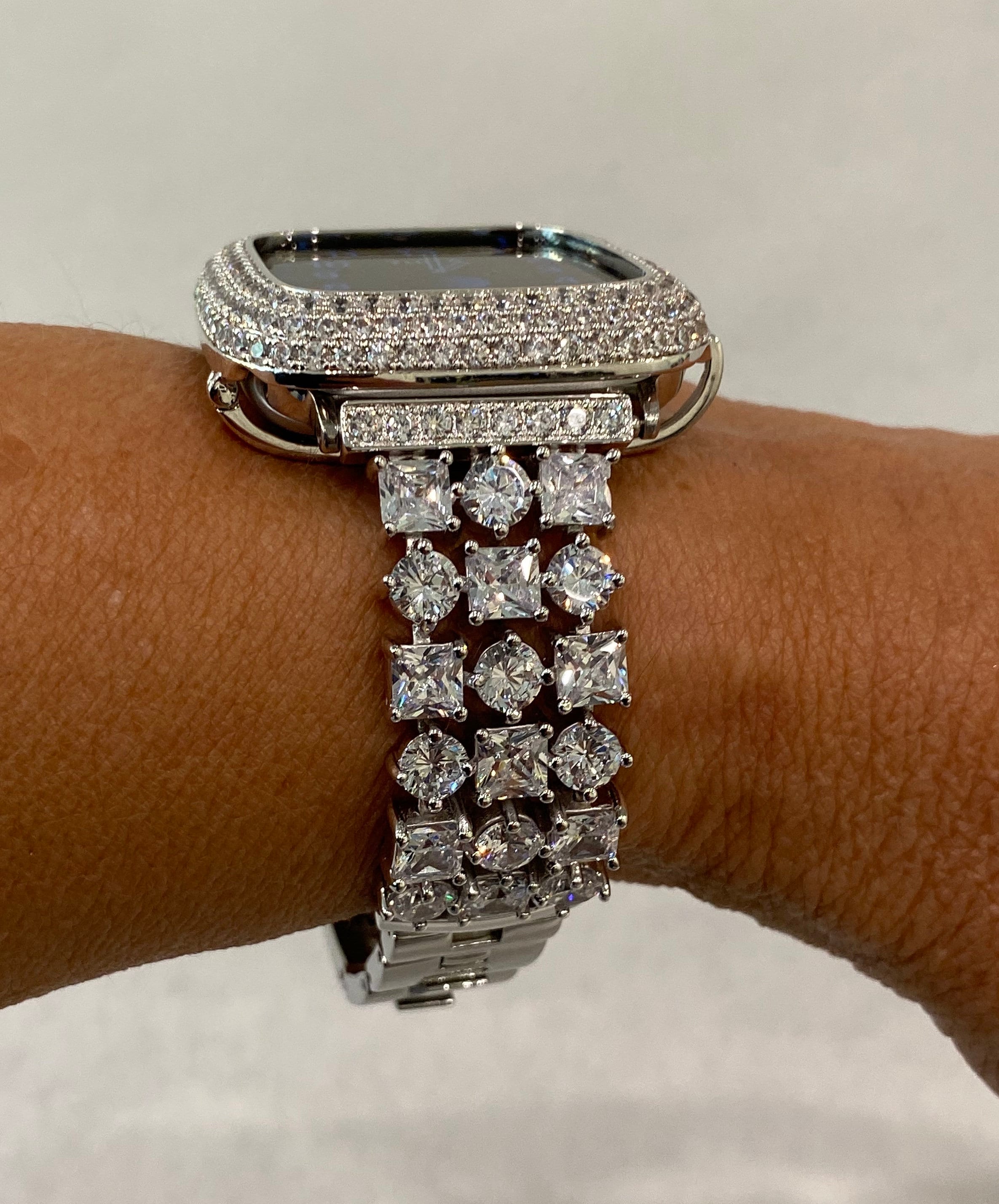 Custom Apple Watch Band 46mm Woman Silver Swarovski Crystal & or Apple Watch Cover Lab Diamond Bezel Bling 38mm-49mm Ultra Apple Watch Case
