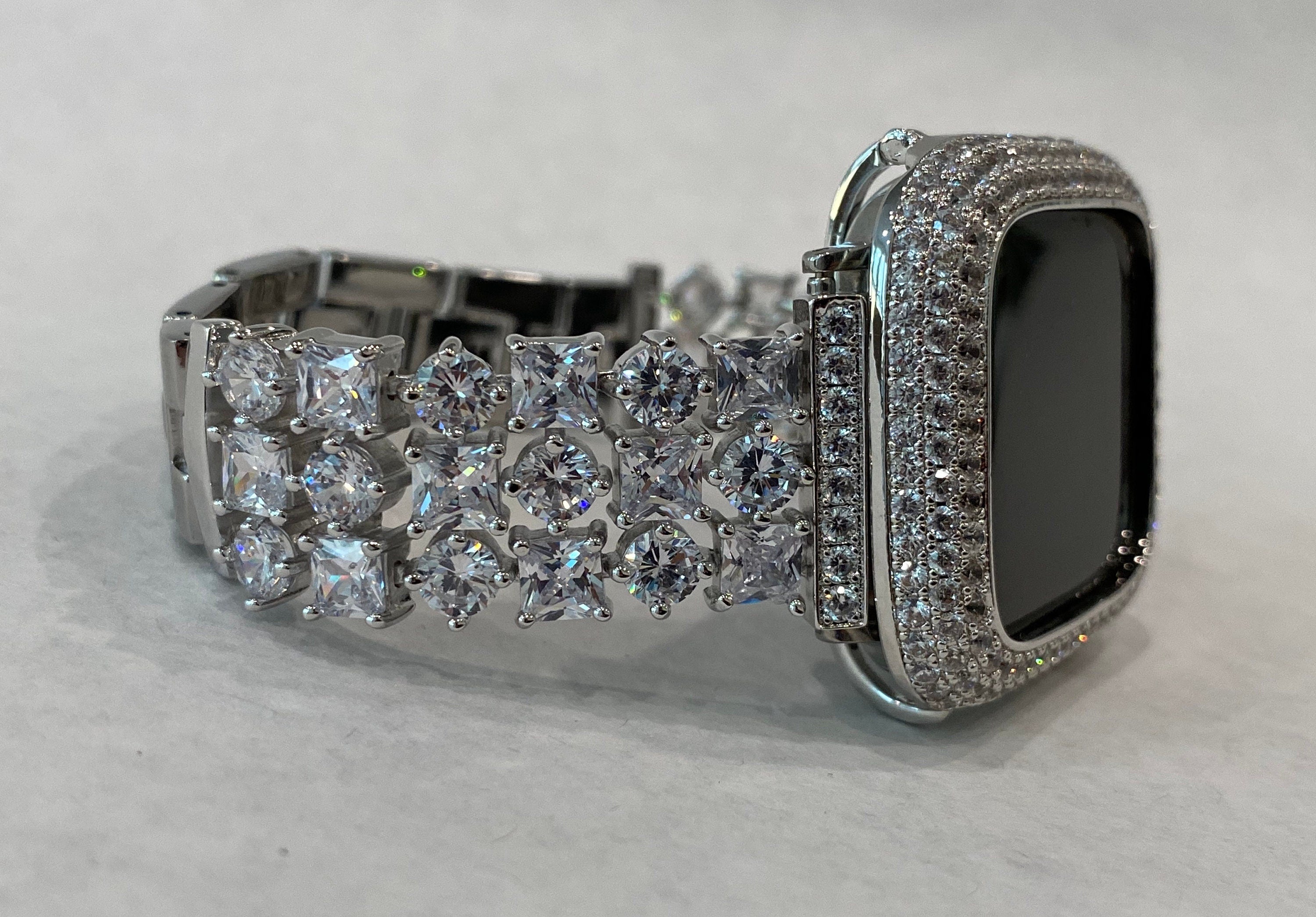 Custom Apple Watch Band 46mm Woman Silver Swarovski Crystal & or Apple Watch Cover Lab Diamond Bezel Bling 38mm-49mm Ultra Apple Watch Case