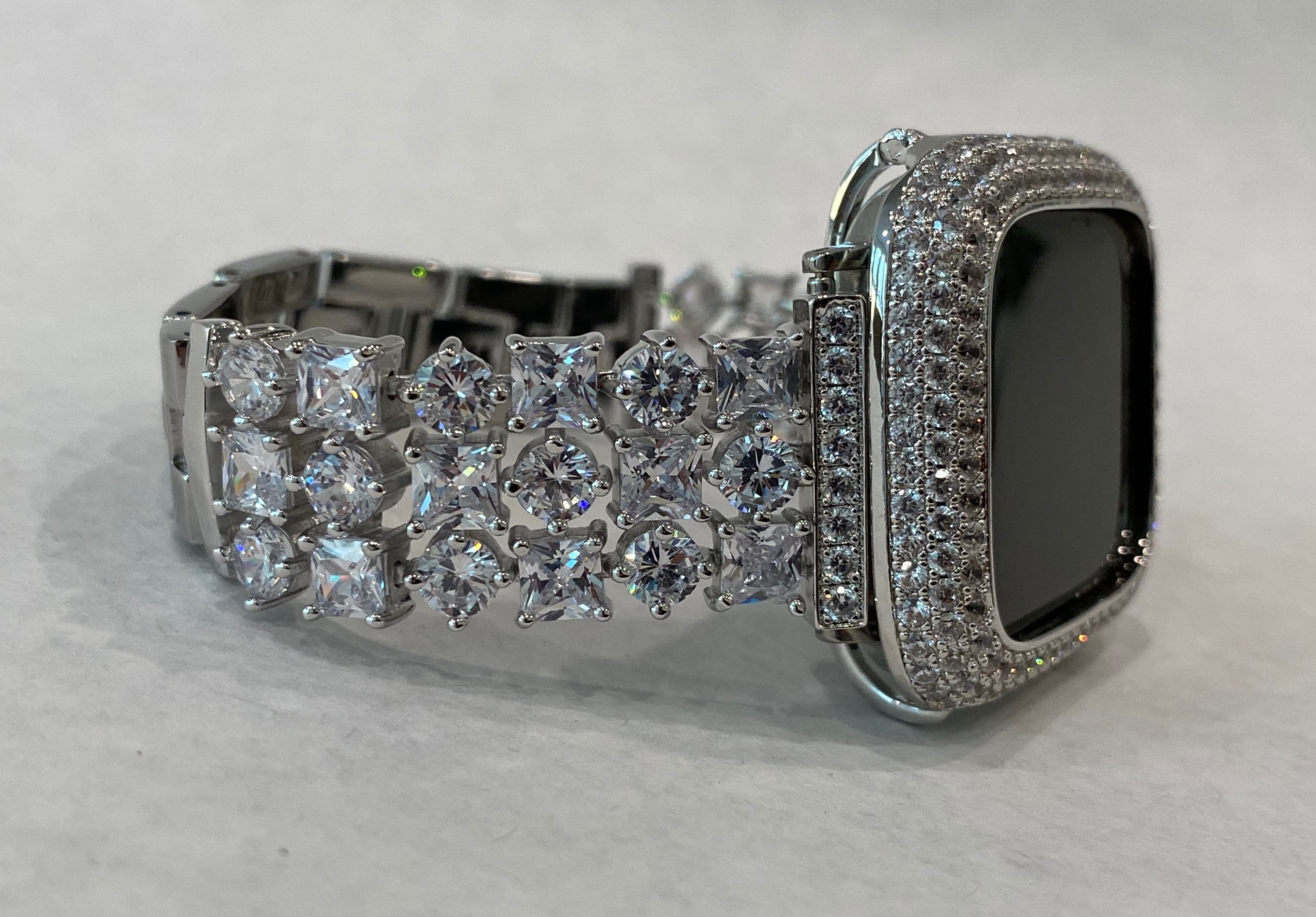 Custom Apple Watch Band 46mm Woman Silver Swarovski Crystal & or Apple Watch Cover Lab Diamond Bezel Bling 38mm-49mm Ultra Apple Watch Case