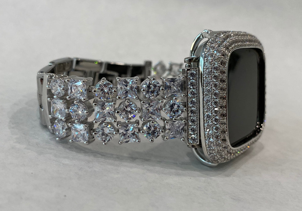 Series 10 Apple Watch Band Woman Silver Swarovski Crystals & or Apple Watch Cover Lab Diamond Bezel 38mm 40mm 41mm 42mm 44mm 46mm 45mm 49mm