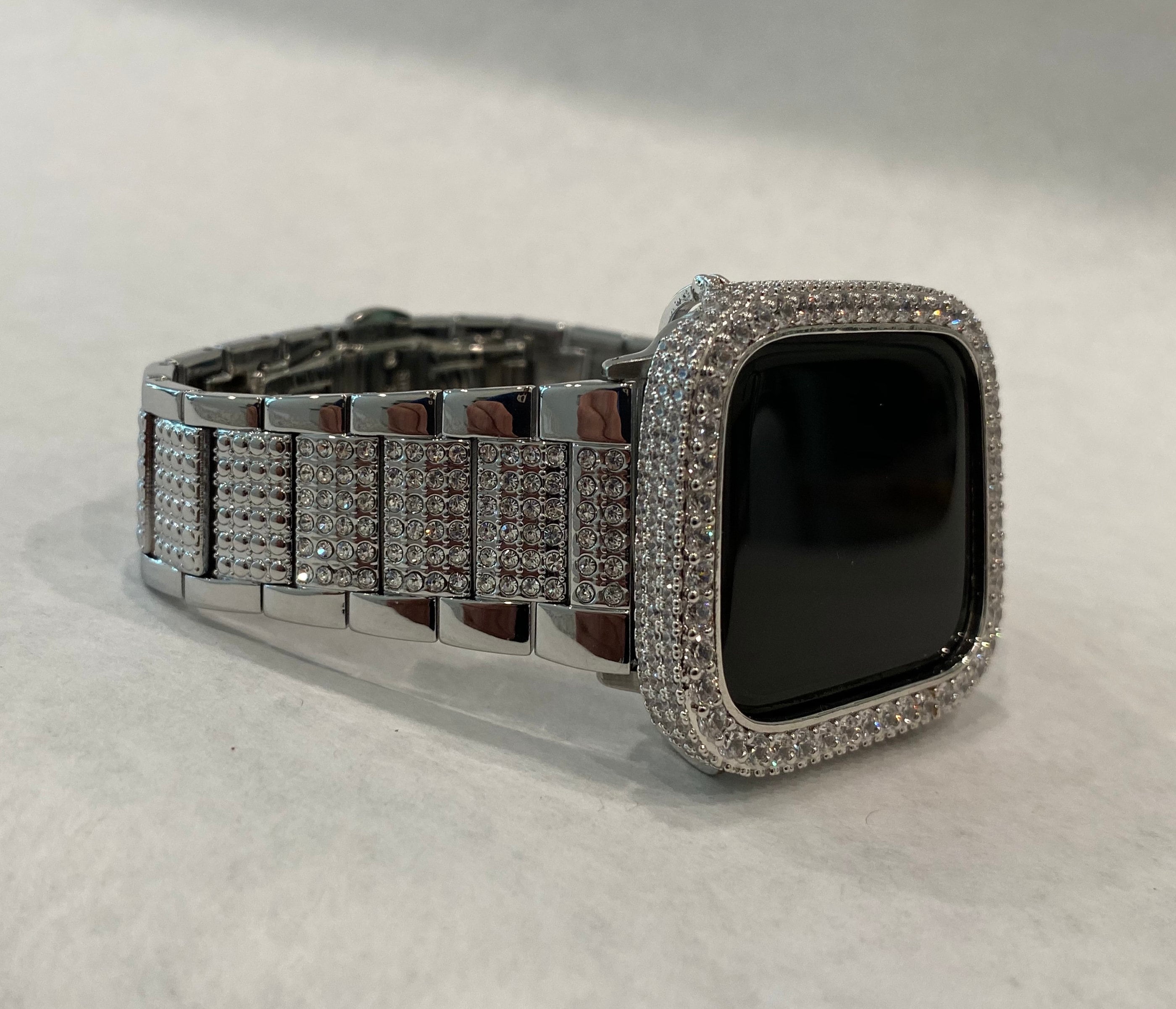 Series 10 Apple Watch Band Silver Stainless Steel Swarovski Crystals & or Apple Watch Cover 2.5mm Lab Diamond Bezel Iwatch Case 38mm-49mm