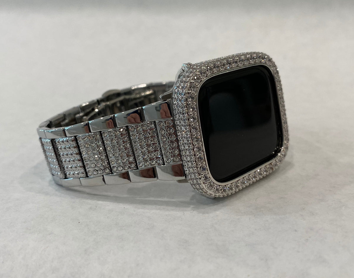 Series 10-11 Apple Watch Band Silver Stainless Steel High End Crystals & or Apple Watch Cover 2.5mm Lab Diamond Bezel Iwatch Case 38mm-49mm