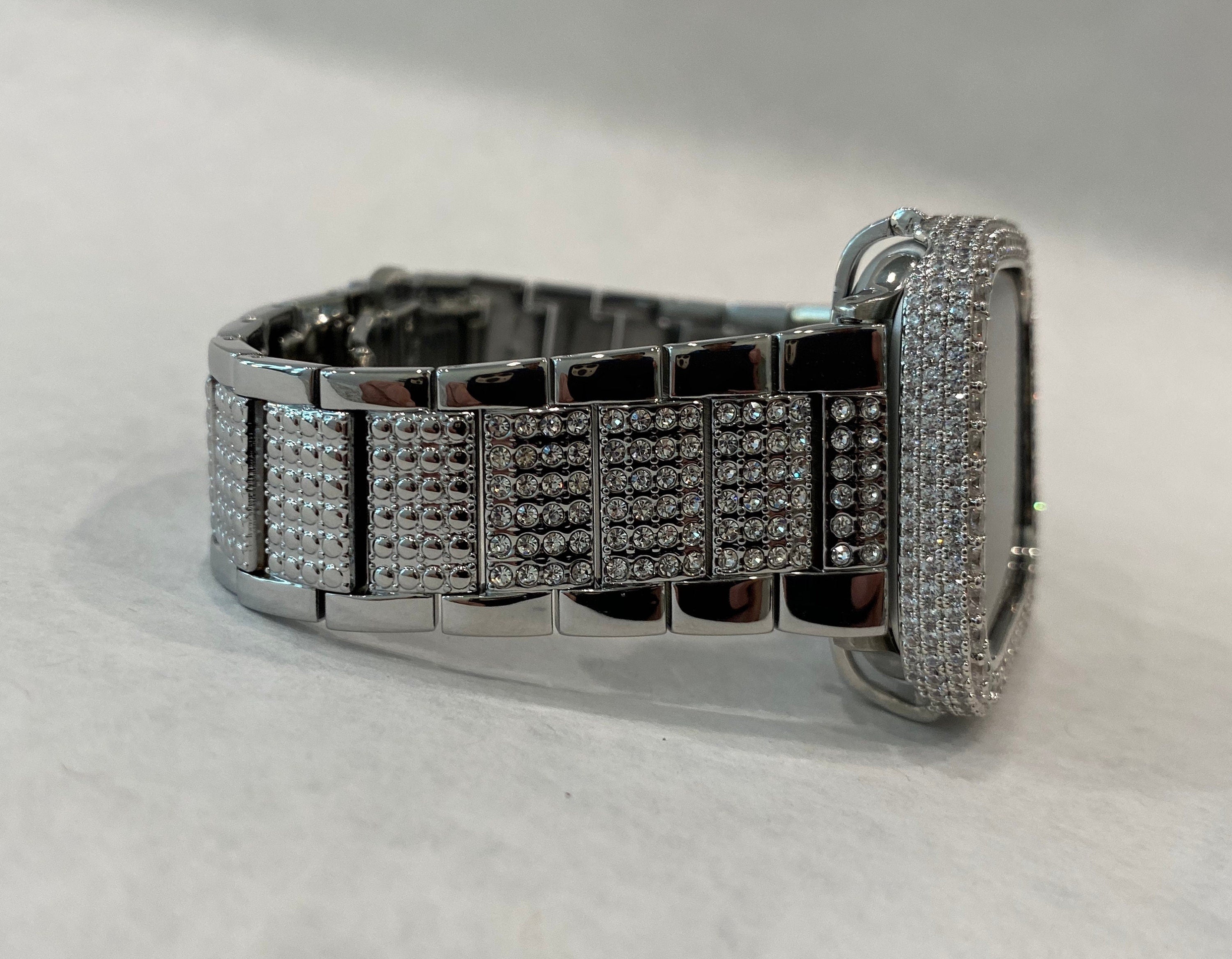 Series 10-11 Apple Watch Band Silver Stainless Steel Swarovski Crystals & or Apple Watch Cover 2.5mm Lab Diamond Bezel Iwatch Case 38mm-49mm