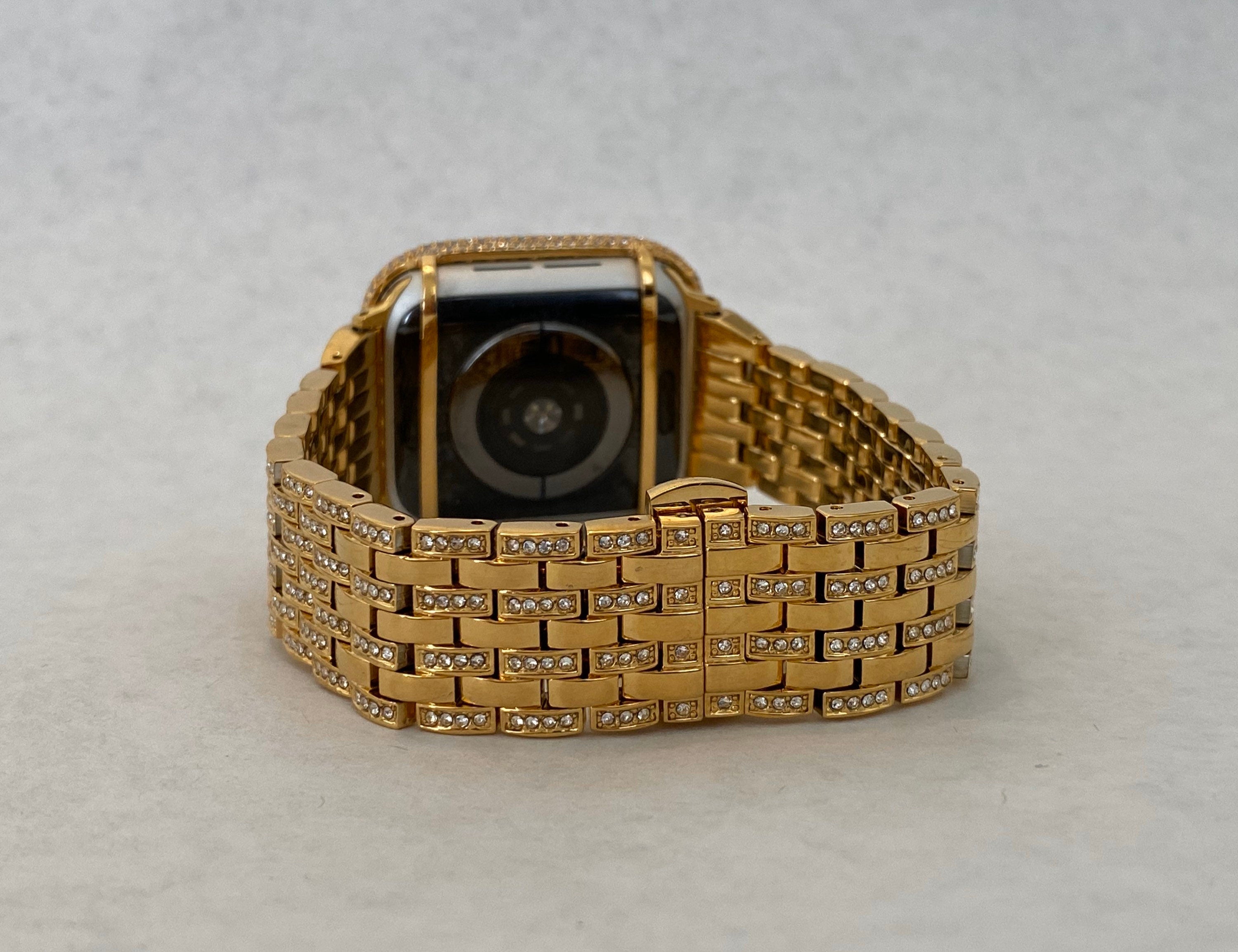 Series 10 Gold Apple Watch Band Stainless Steel Swarovski Crystal & or Apple Watch Cover Lab Diamond Bezel Case Iwatch Bling 38mm-49mm Ultra