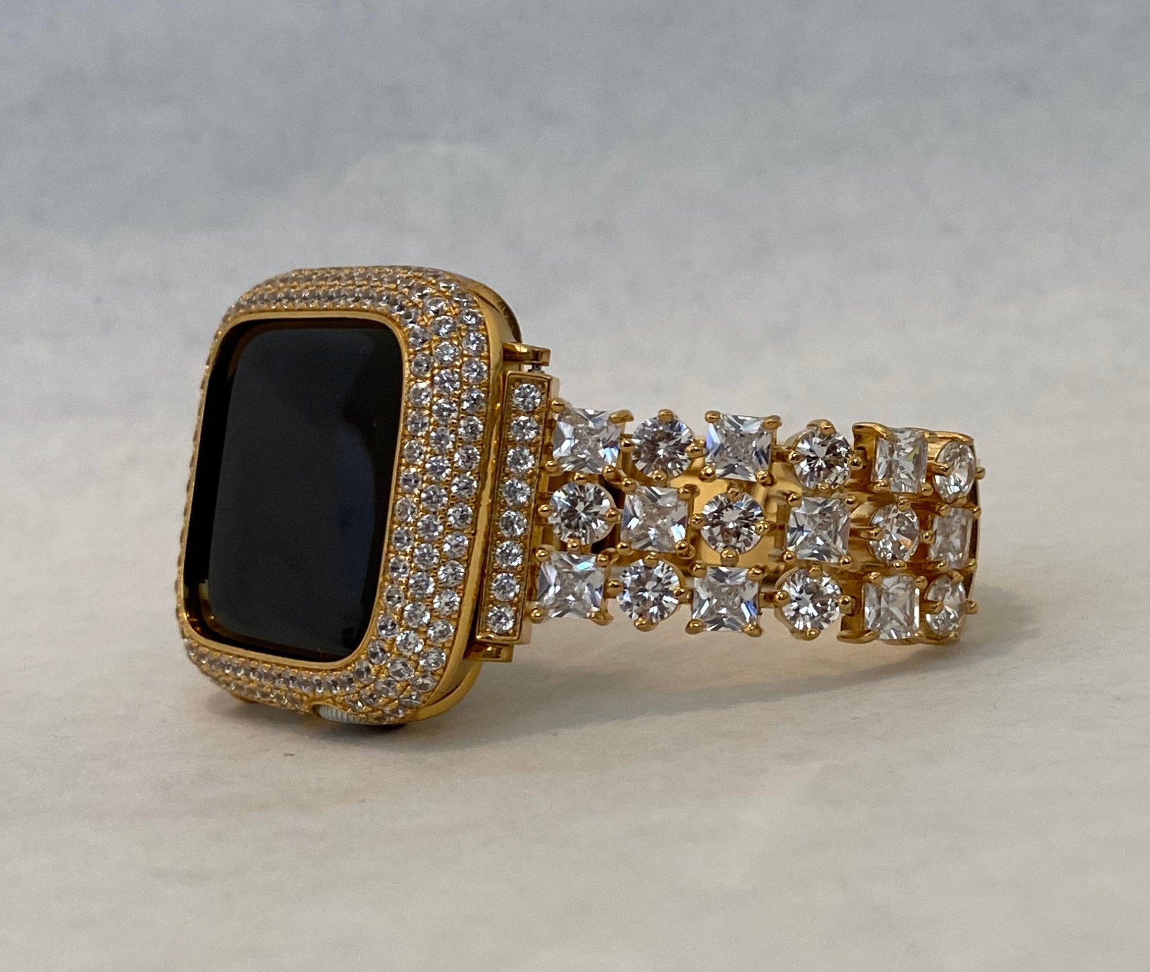 Gold Apple Watch Band Swarovski Crystals 38mm-49mm Ultra & or Apple Watch Cover Lab Diamond Bezel Case Smartwatch Bumper Bling Iwatch Case
