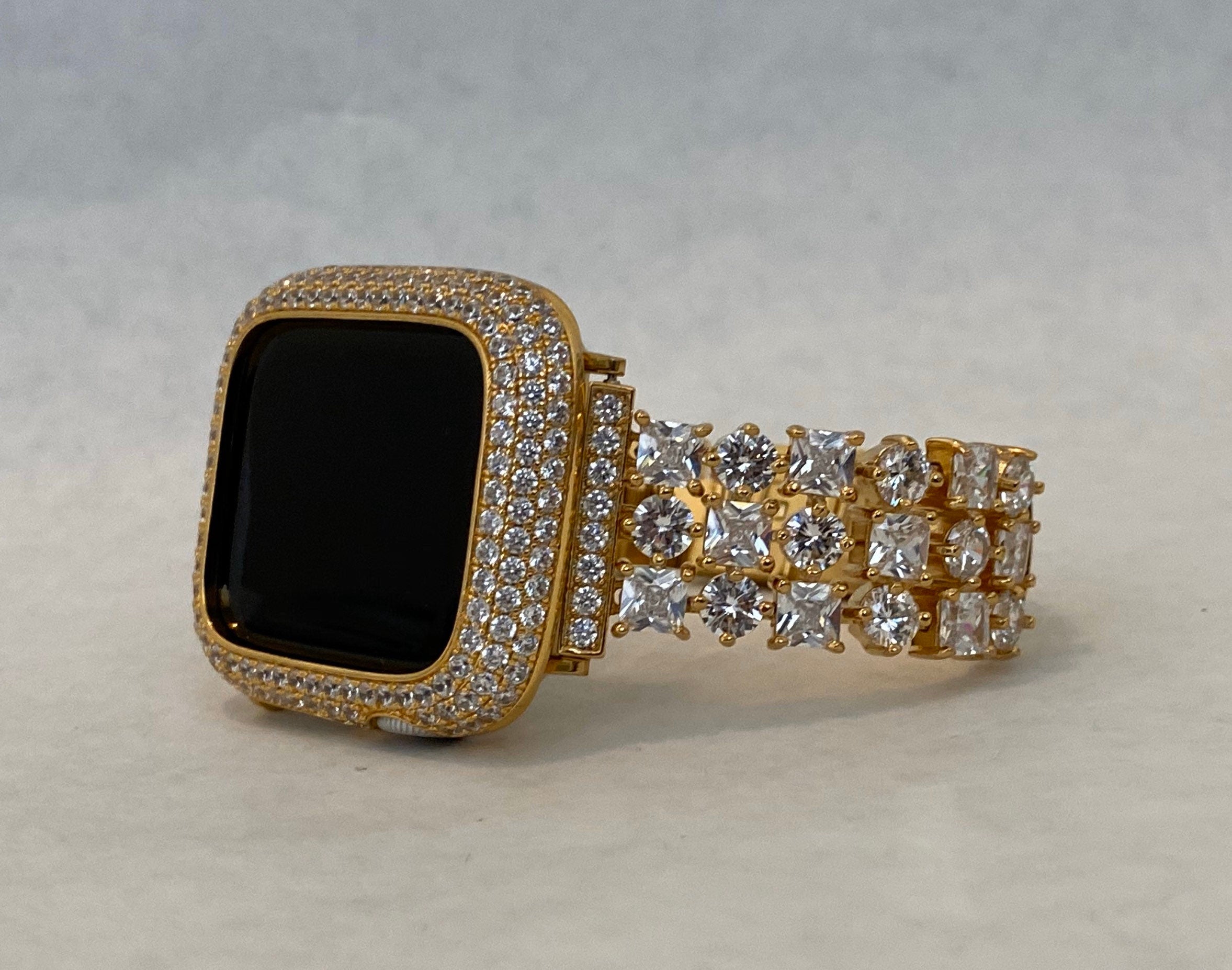 Gold Apple Watch Band Swarovski Crystals 38mm-49mm Ultra & or Apple Watch Cover Lab Diamond Bezel Case Smartwatch Bumper Bling Iwatch Case