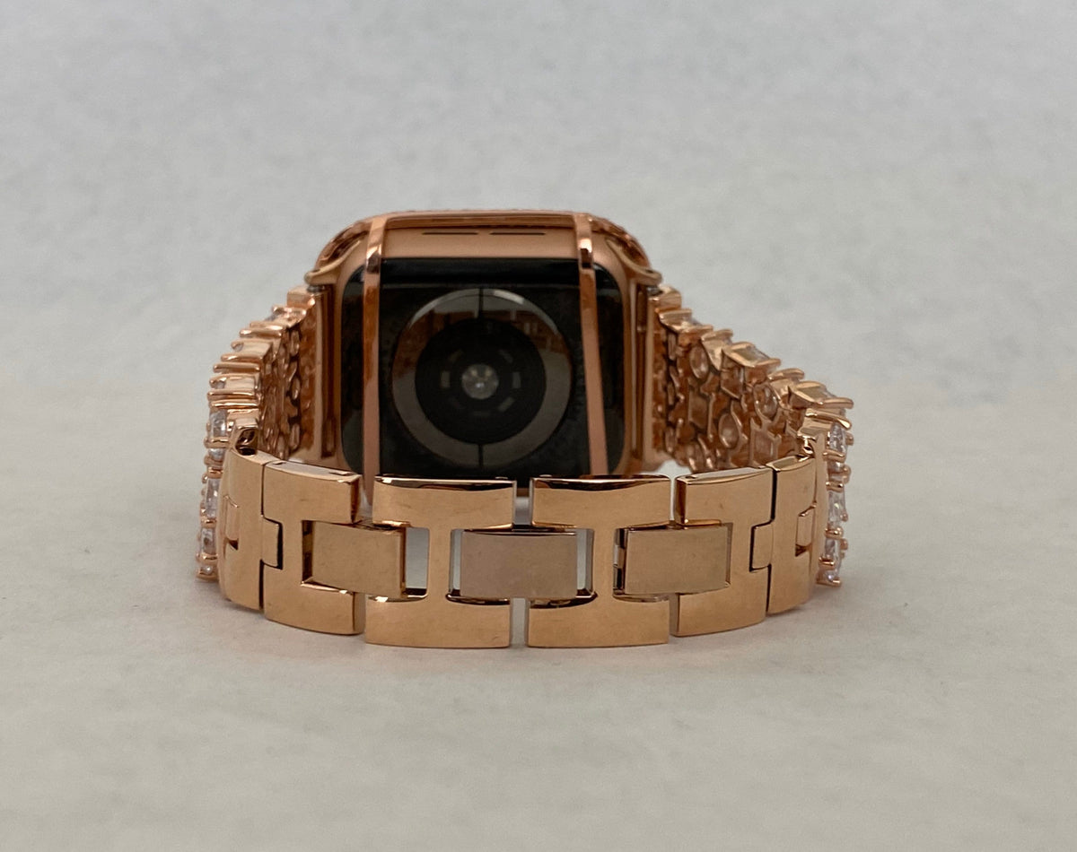 Rose Gold Apple Watch Band Womens Swarovski Crystals & or Apple Watch Cover Lab Diamond Bezel Iphone Watch Case 39mm-49mm Ultra Iwatch Candy