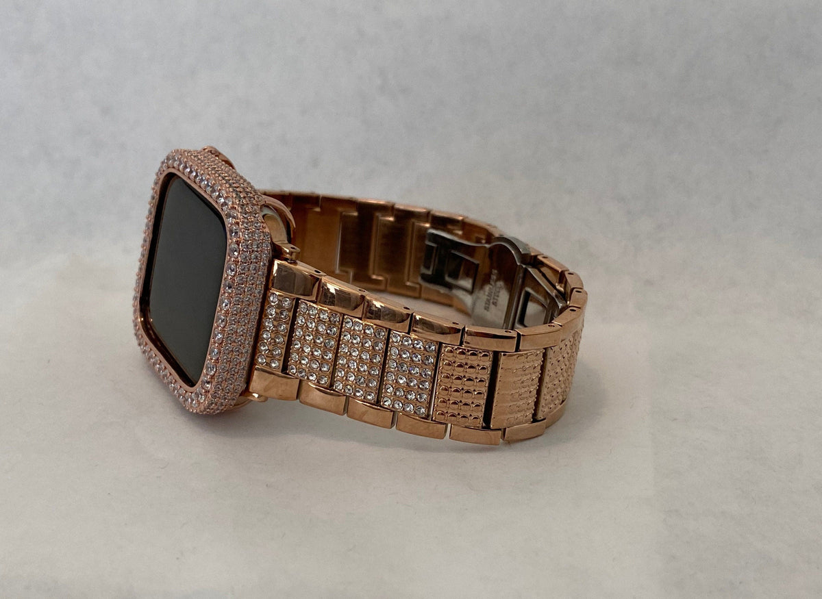 Rose Gold Apple Watch Band Stainless Steel Swarovski Crystal & or Apple Watch Case Lab Diamond Iphone Watch Cover 38mm-49mm Ultra Bling Band
