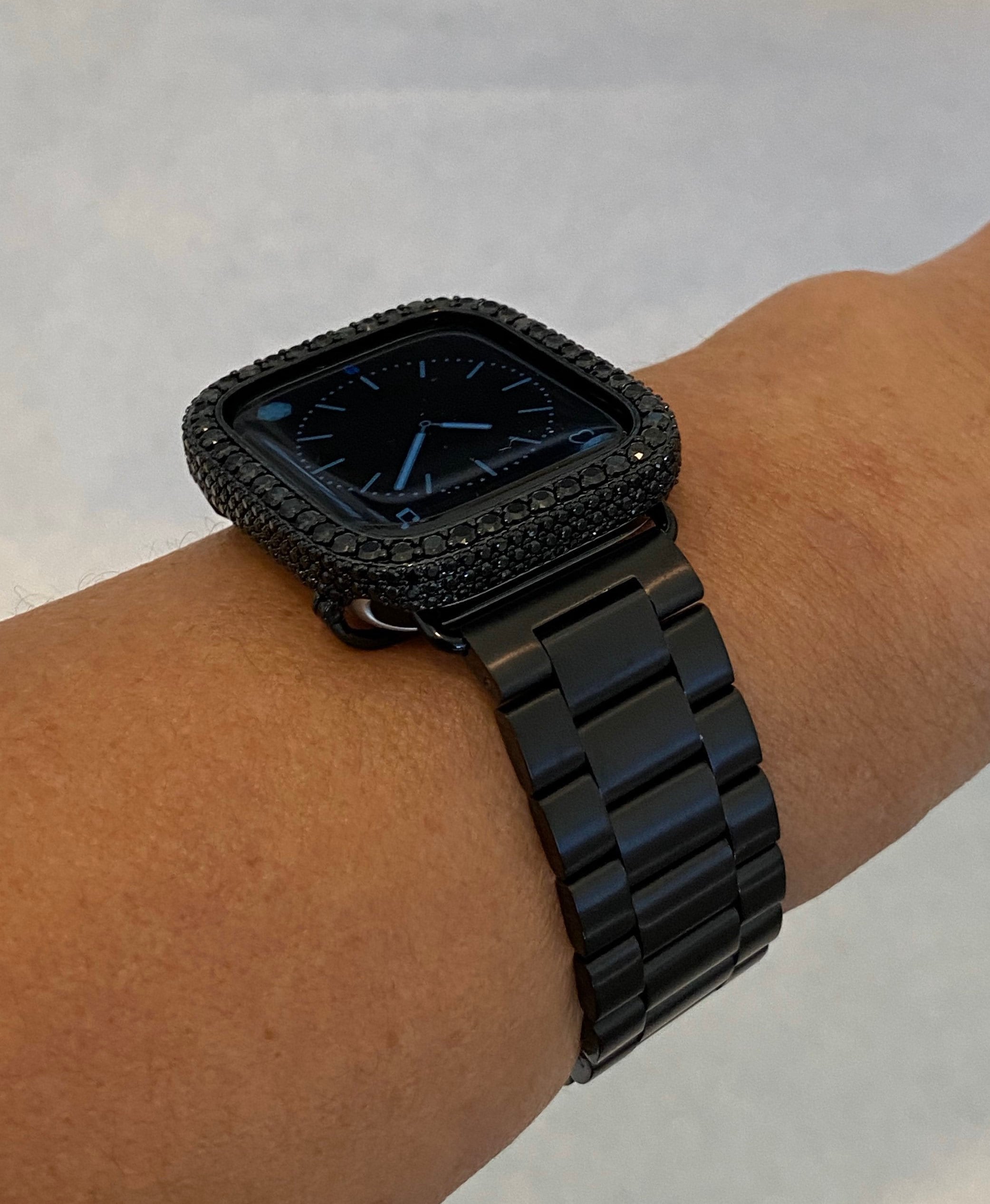 Apple Watch Band Black Stainless Steel & or Apple Watch Cover Lab Diamond Bezel Case 38mm-49mm Ultra Smartwatch Bumper Bling Series 10-11
