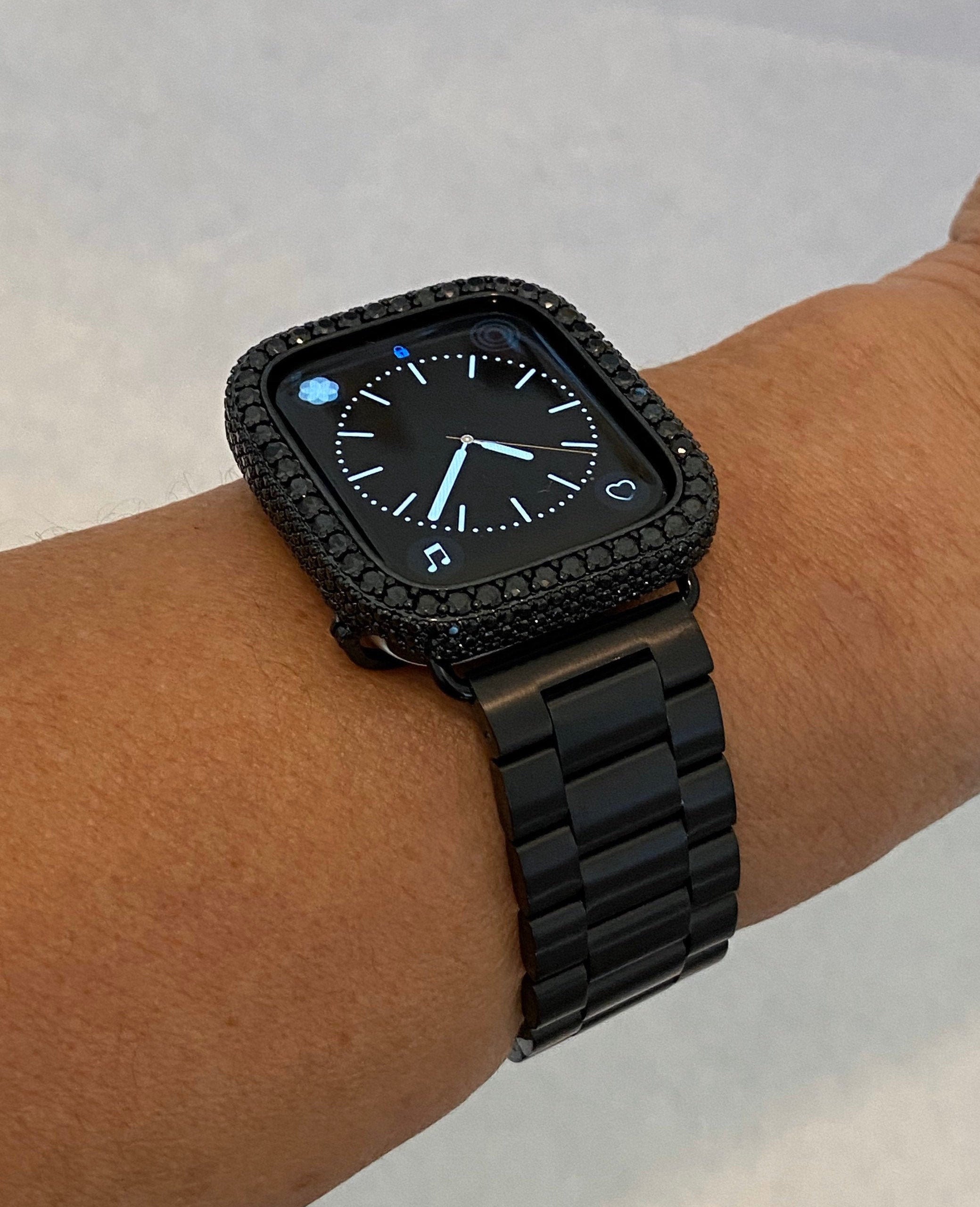 Apple Watch Band Black Stainless Steel & or Apple Watch Cover Lab Diamond Bezel Case 38mm-49mm Ultra Smartwatch Bumper Bling Series 10-11