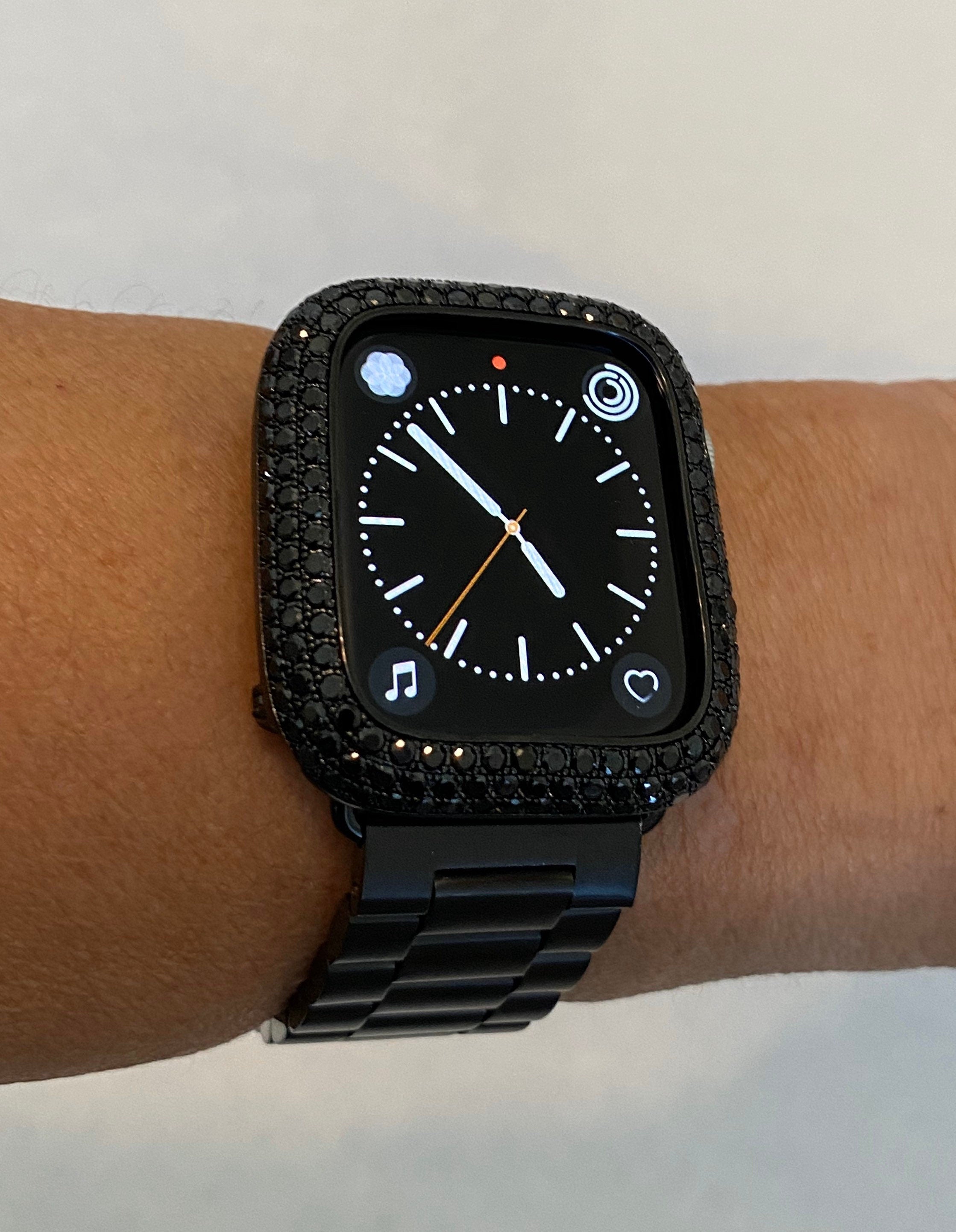 Black Apple Watch Band Stainless Steel & or Apple Watch Cover Lab Diamond Bezel Apple Watch Case 38 40 41 42 44 45 46 49mm Ultra Bling