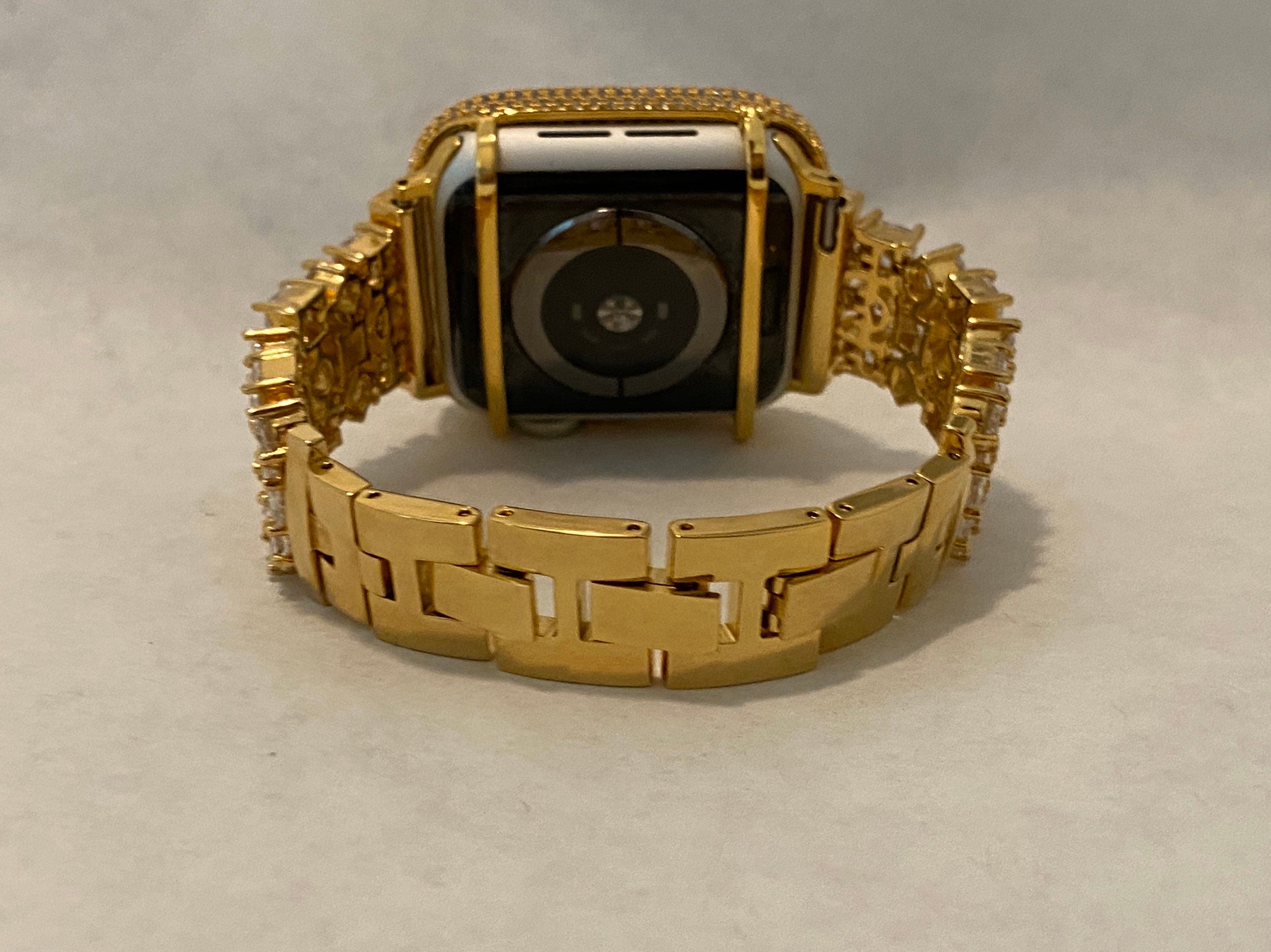 Apple Watch Band Gold Swarovski Crystals & or Apple Watch Cover Lab Diamond Bezel Apple Watch Case Smartwatch Bumper 38mm-49mm Ultra Bling