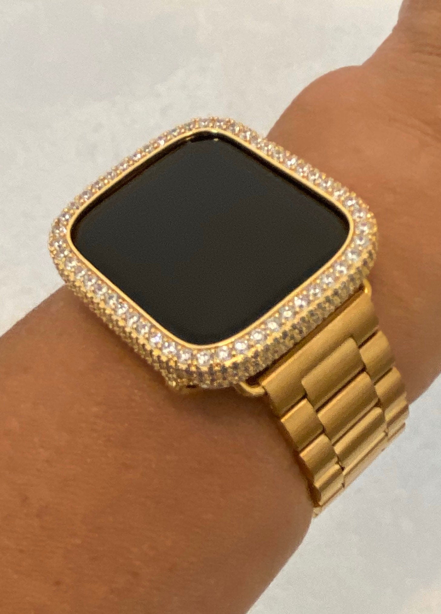 Custom Apple Watch Band Gold Stainless 38mm-49mm Ultra & or Iced Out Lab Diamond Bezel Cover Gift for Him Series 10-11