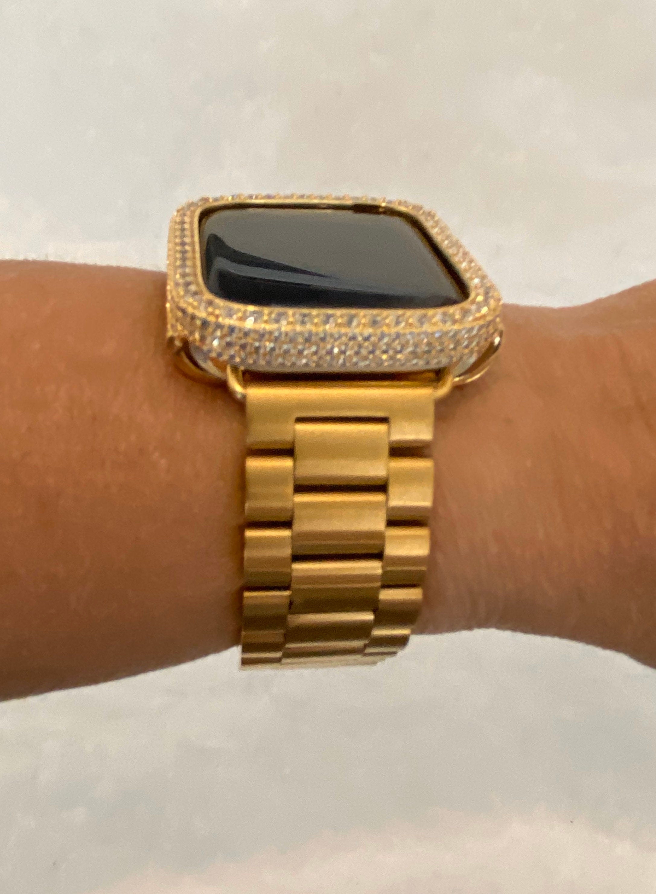 Custom Apple Watch Band Gold Stainless 38mm-49mm Ultra & or Iced Out Lab Diamond Bezel Cover Gift for Him Series 10-11
