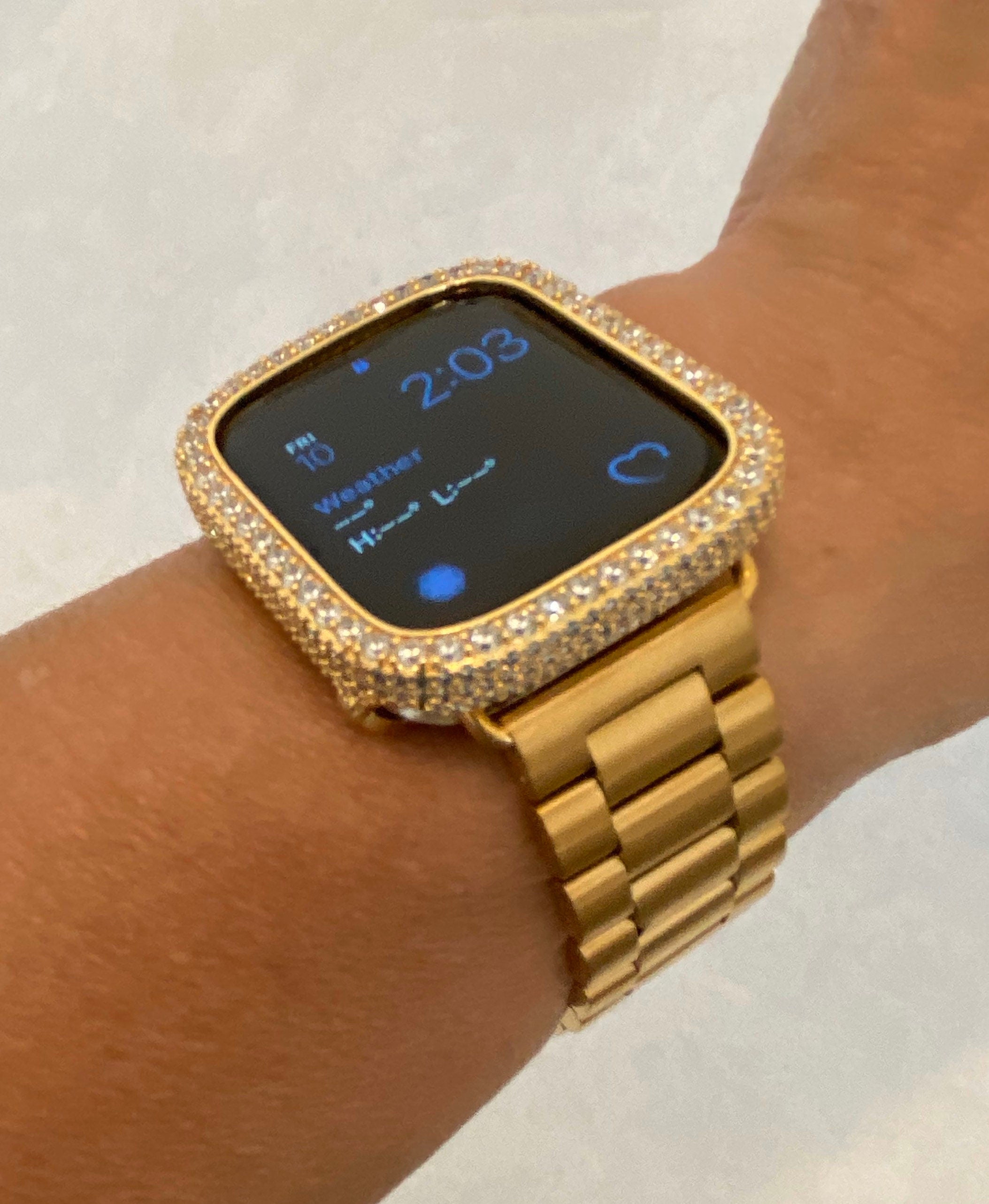 Custom Apple Watch Band Gold Stainless 38mm-49mm Ultra & or Iced Out Lab Diamond Bezel Cover Gift for Him Series 10-11