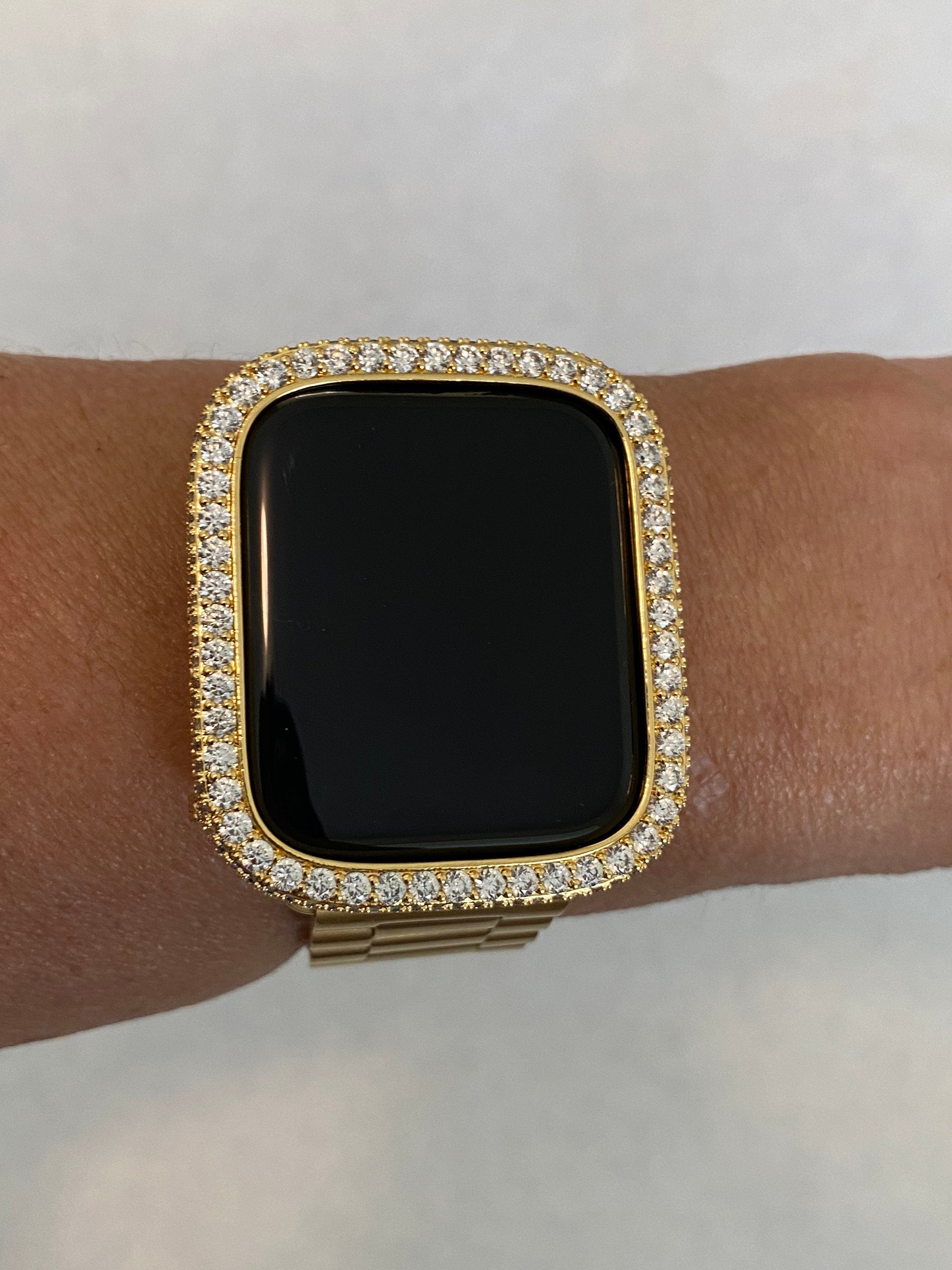 Custom Apple Watch Band Gold Stainless 38mm-49mm Ultra & or Iced Out Lab Diamond Bezel Cover Gift for Him Series 10-11
