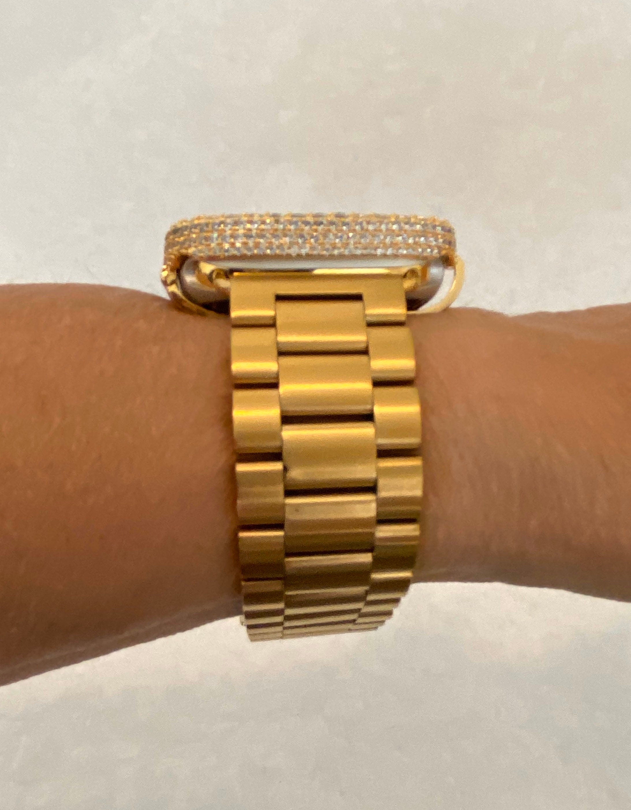 Custom Apple Watch Band Gold Stainless 38mm-49mm Ultra & or Iced Out Lab Diamond Bezel Cover Gift for Him Series 10-11