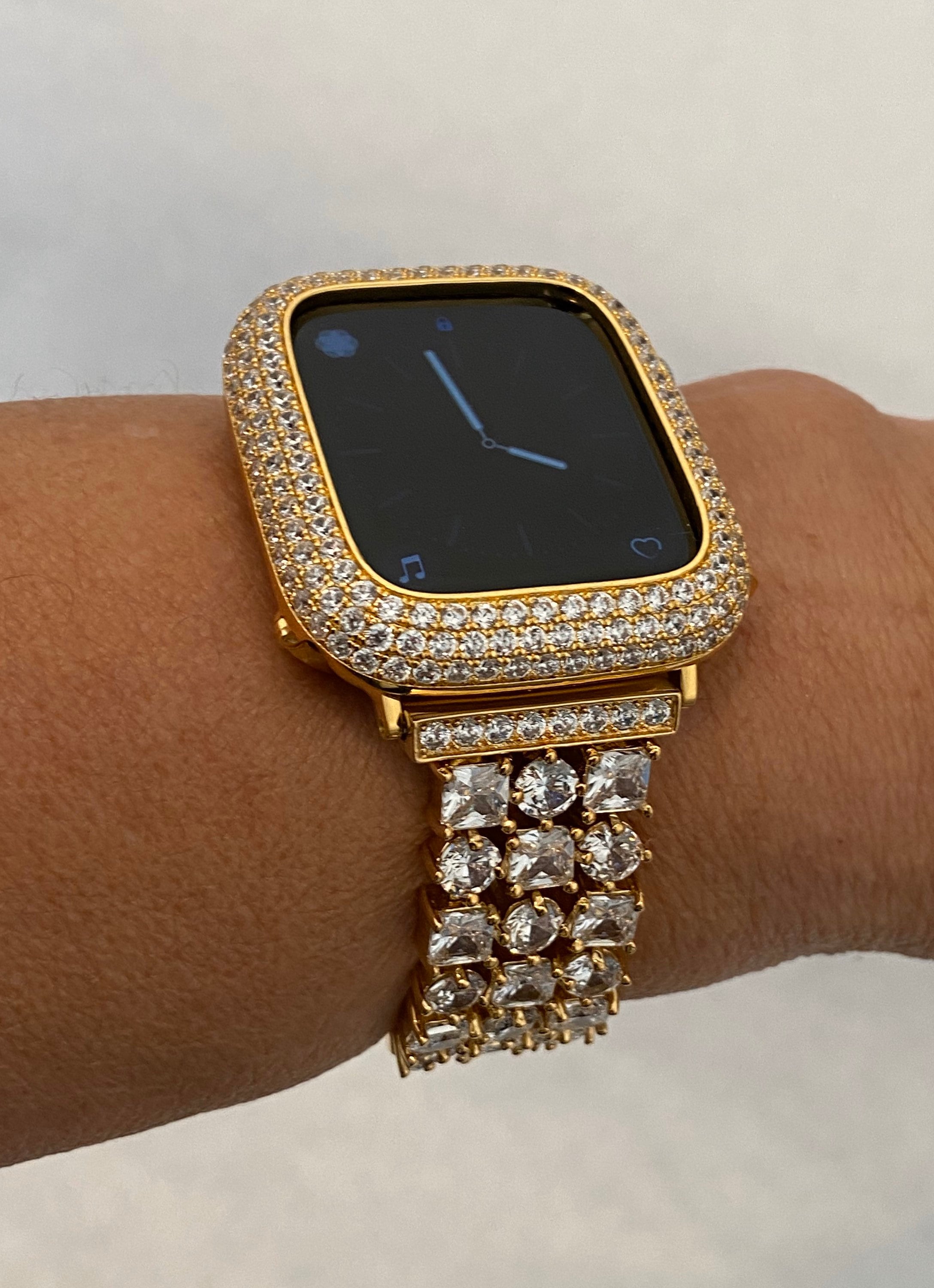 Gold Apple Watch Band Swarovski Crystals 38mm-49mm Ultra & or Apple Watch Cover Lab Diamond Bezel Case Smartwatch Bumper Bling Iwatch Case