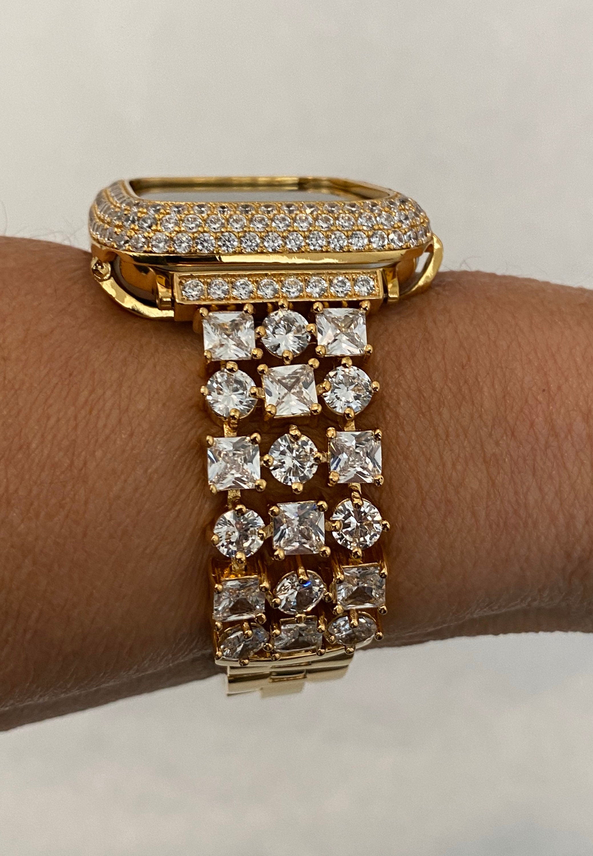 Gold Apple Watch Band Swarovski Crystals 38mm-49mm Ultra & or Apple Watch Cover Lab Diamond Bezel Case Smartwatch Bumper Bling Iwatch Case