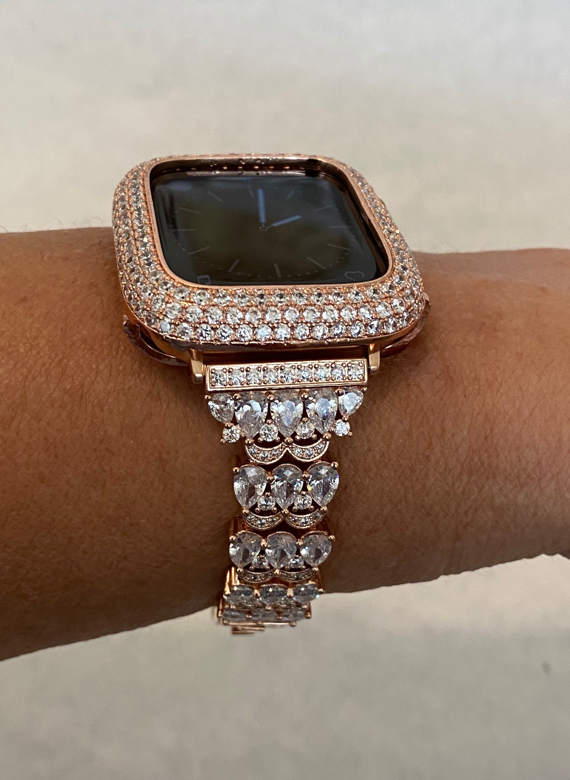 Apple Watch Band Rose Gold Swarovski Crystals & or Apple Watch Cover Lab Diamond Bezel Case Smartwatch Bumper Case 38-49mm Ultra