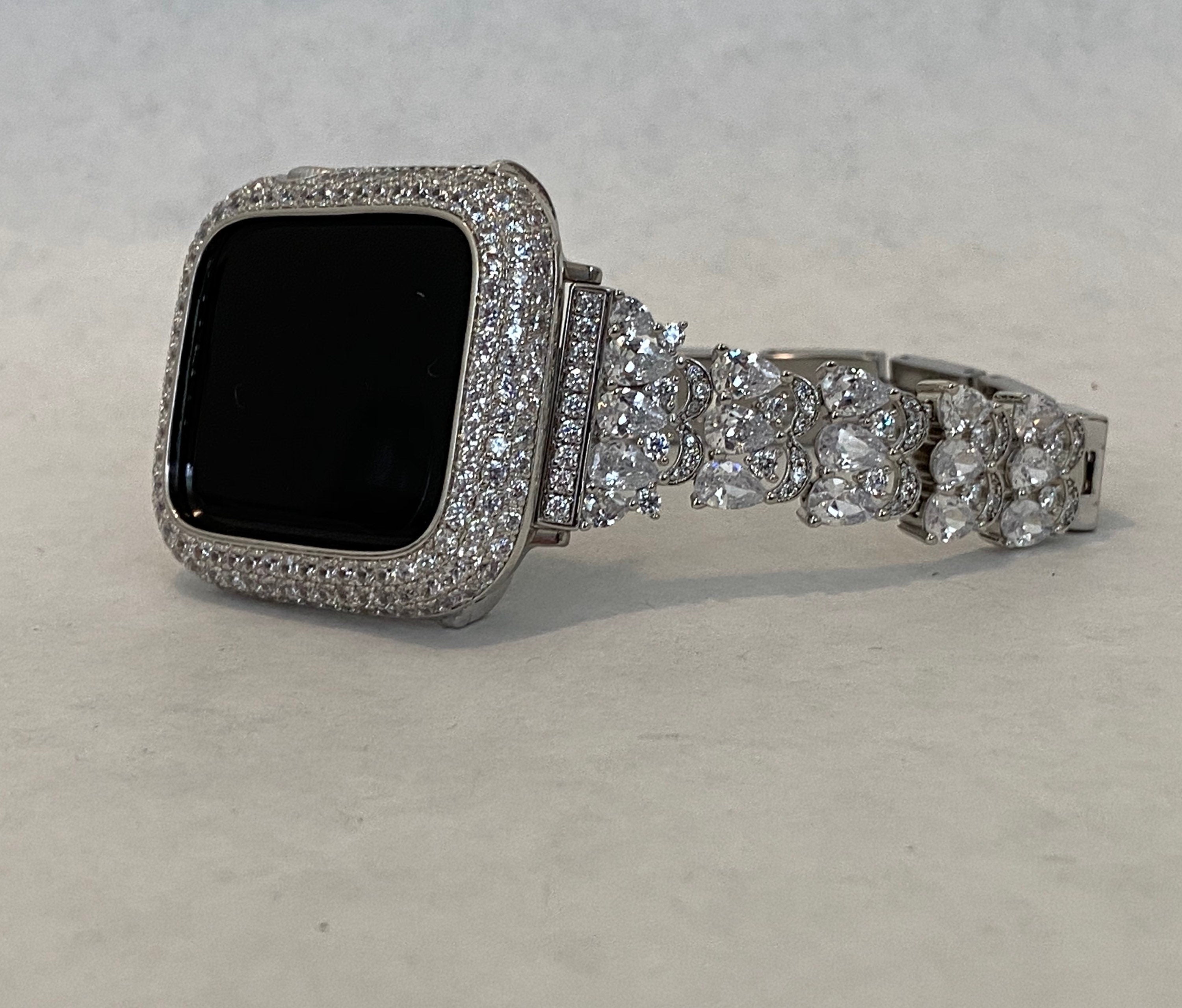 Apple Watch Band Women 41mm 45mm 49mm Ultra Swarovski Crystal Silver & or Apple Watch Cover Lab Diamond Bezel Apple Watch Case 38mm-49mm